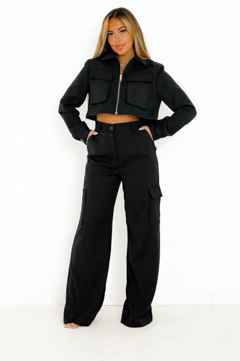 Lapel-Zip Crop Top & Cargo Trousers Set β 2-Piece Co-ord