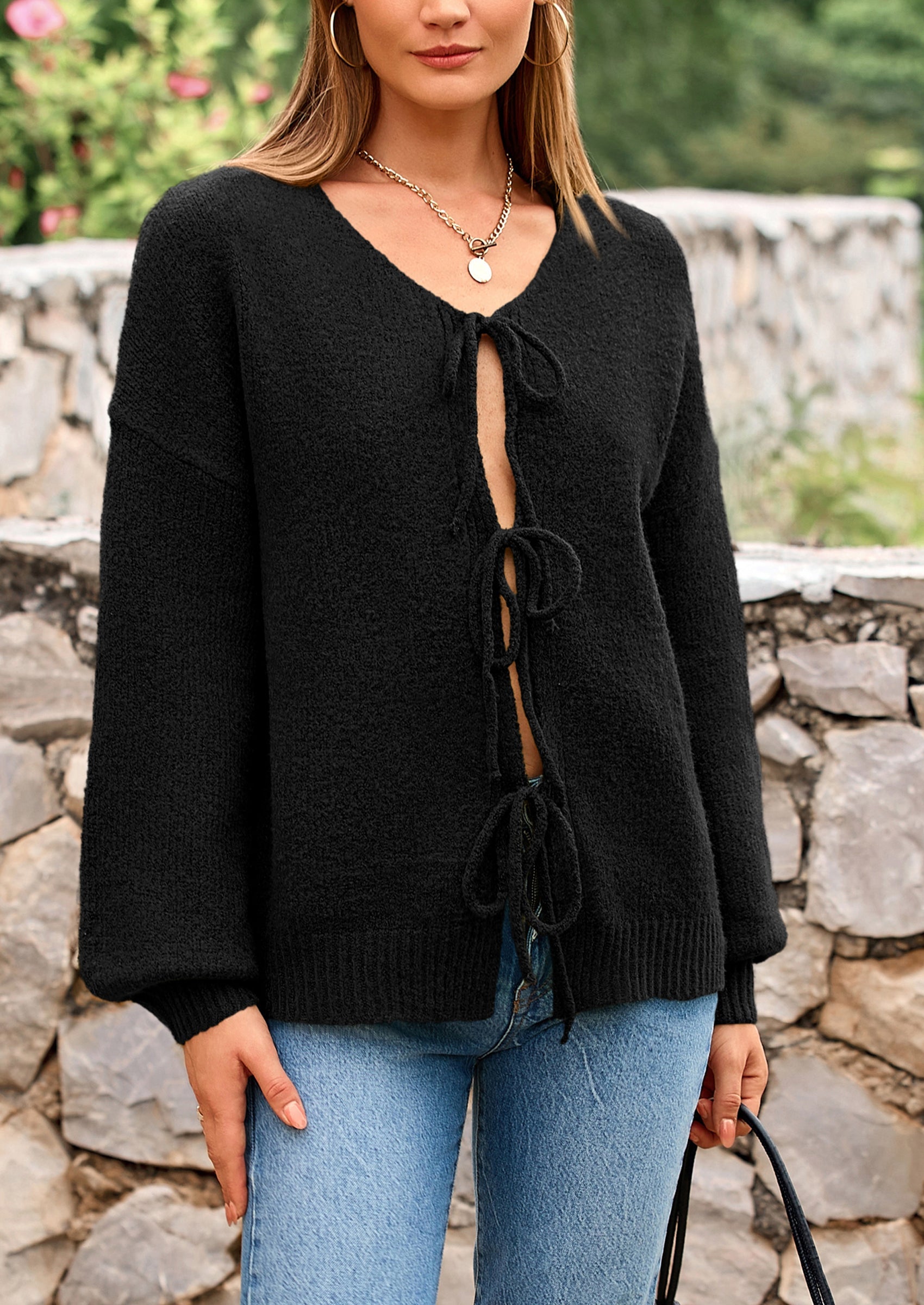 Tie-Front Bow Cardigan β Chunky Knit & Puff Sleeves