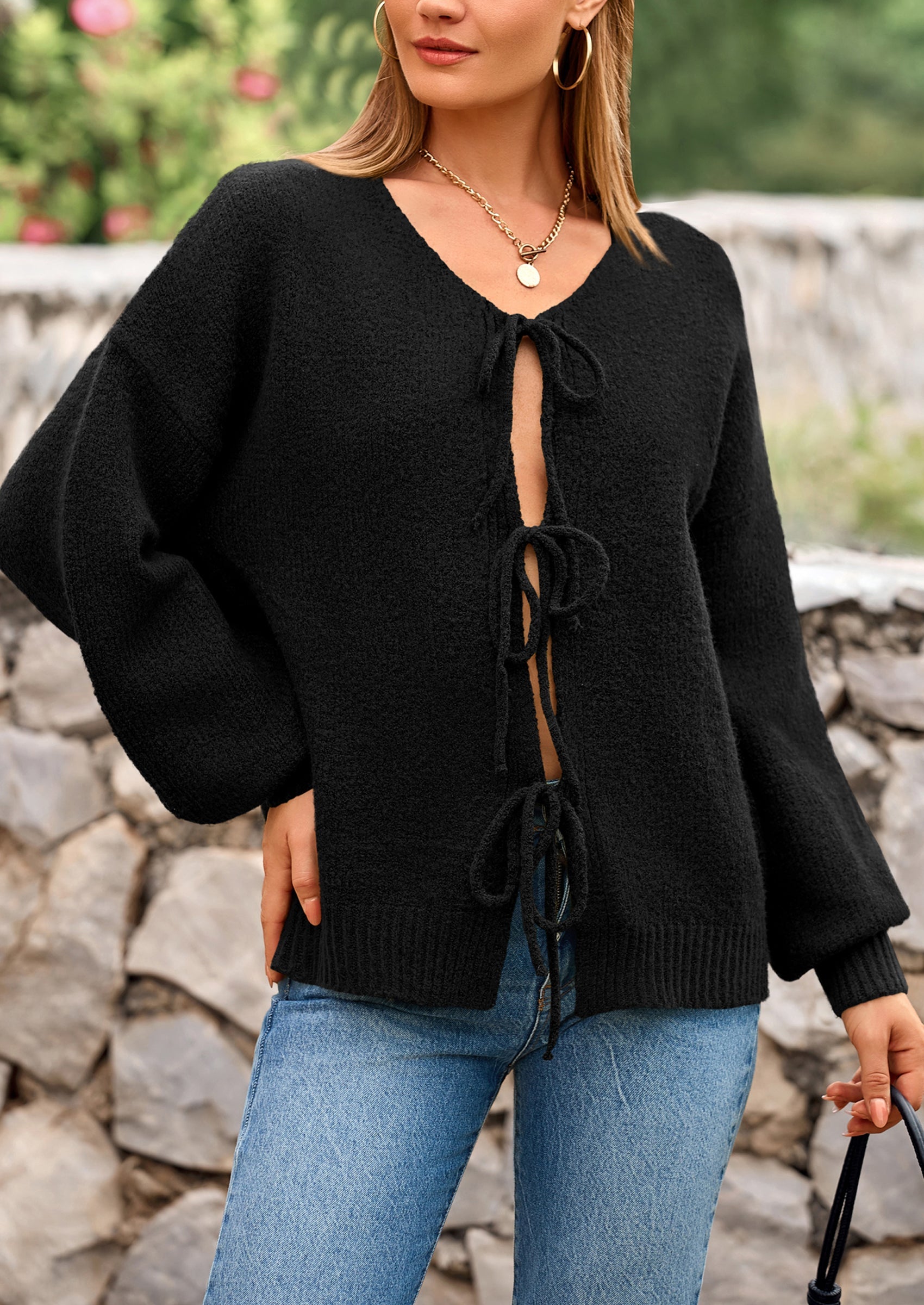 Tie-Front Bow Cardigan β Chunky Knit & Puff Sleeves