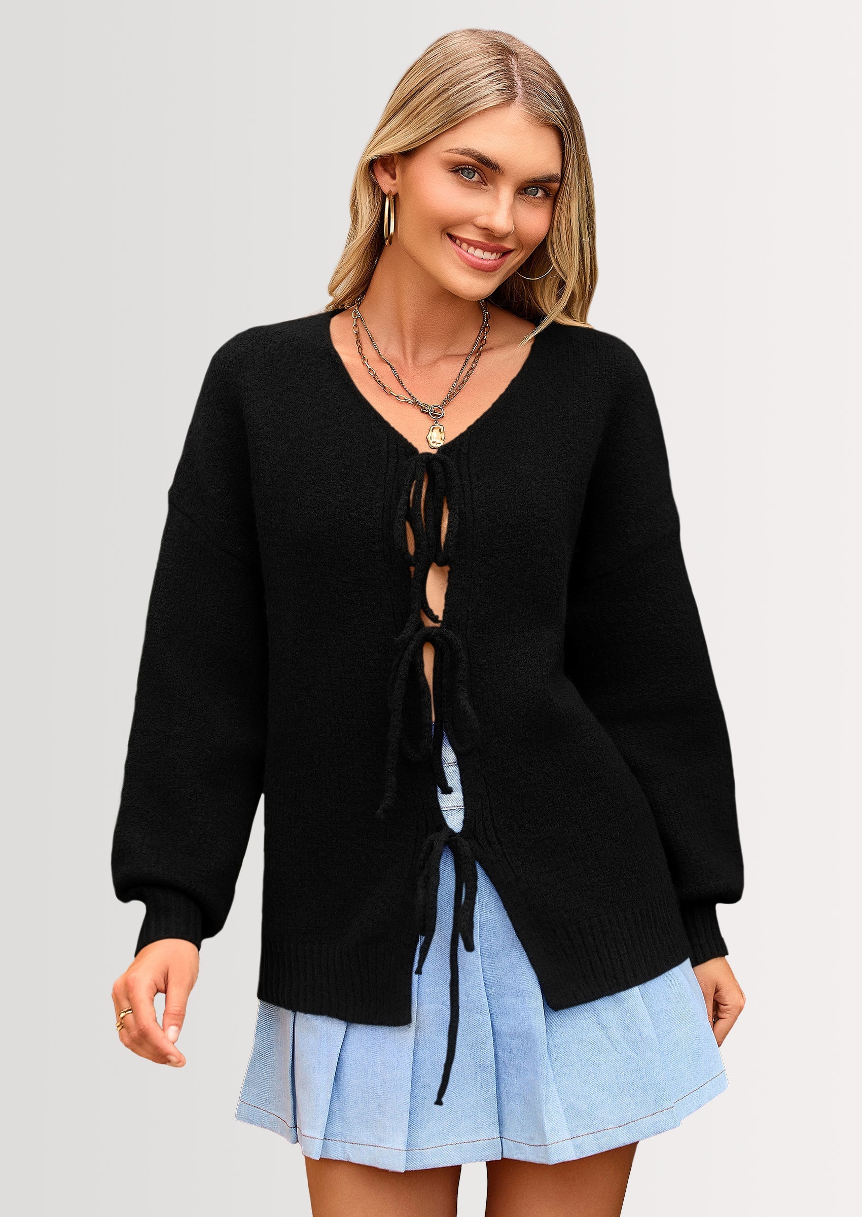 Tie-Front Bow Cardigan β Chunky Knit & Puff Sleeves