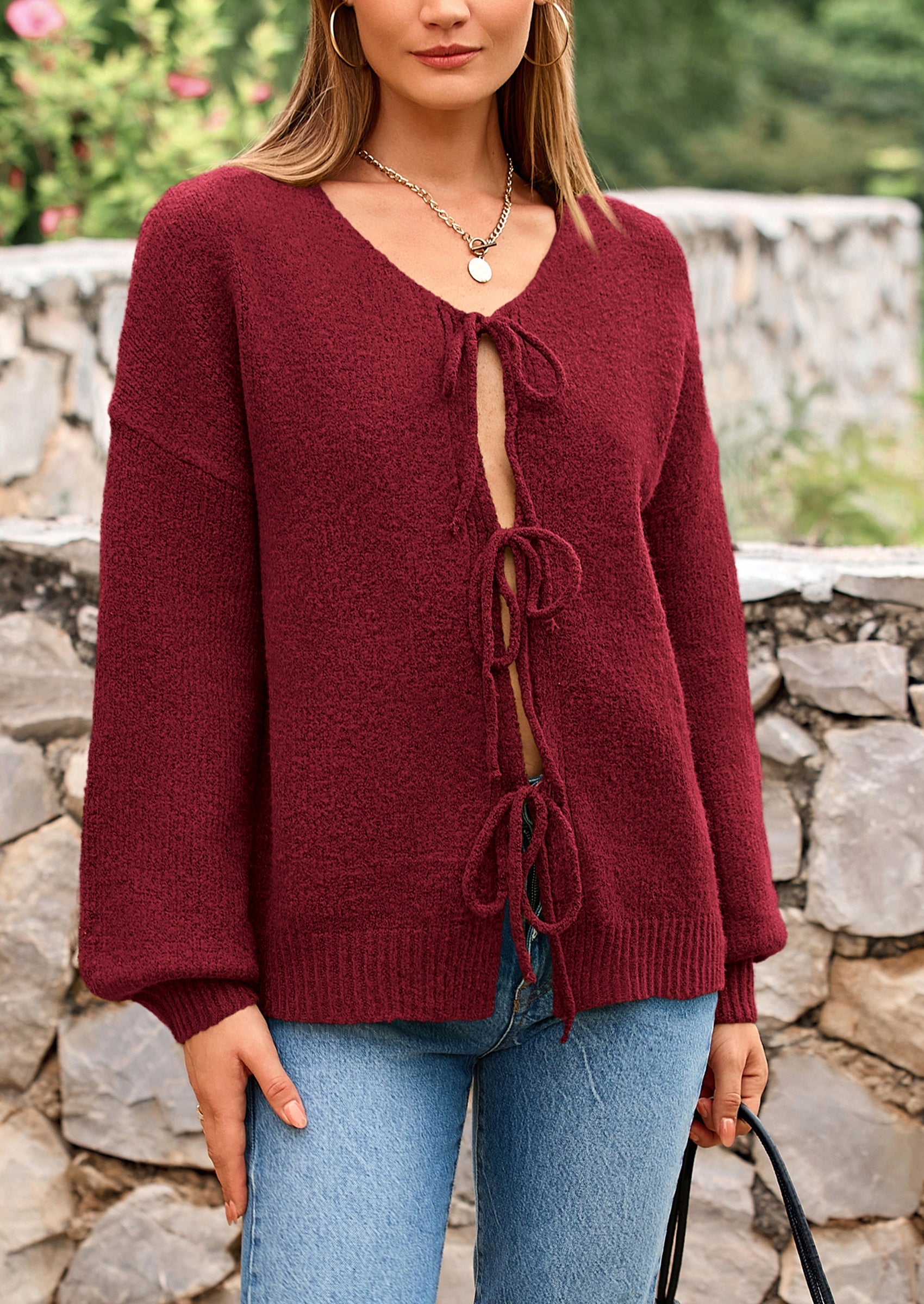 Tie-Front Bow Cardigan β Chunky Knit & Puff Sleeves