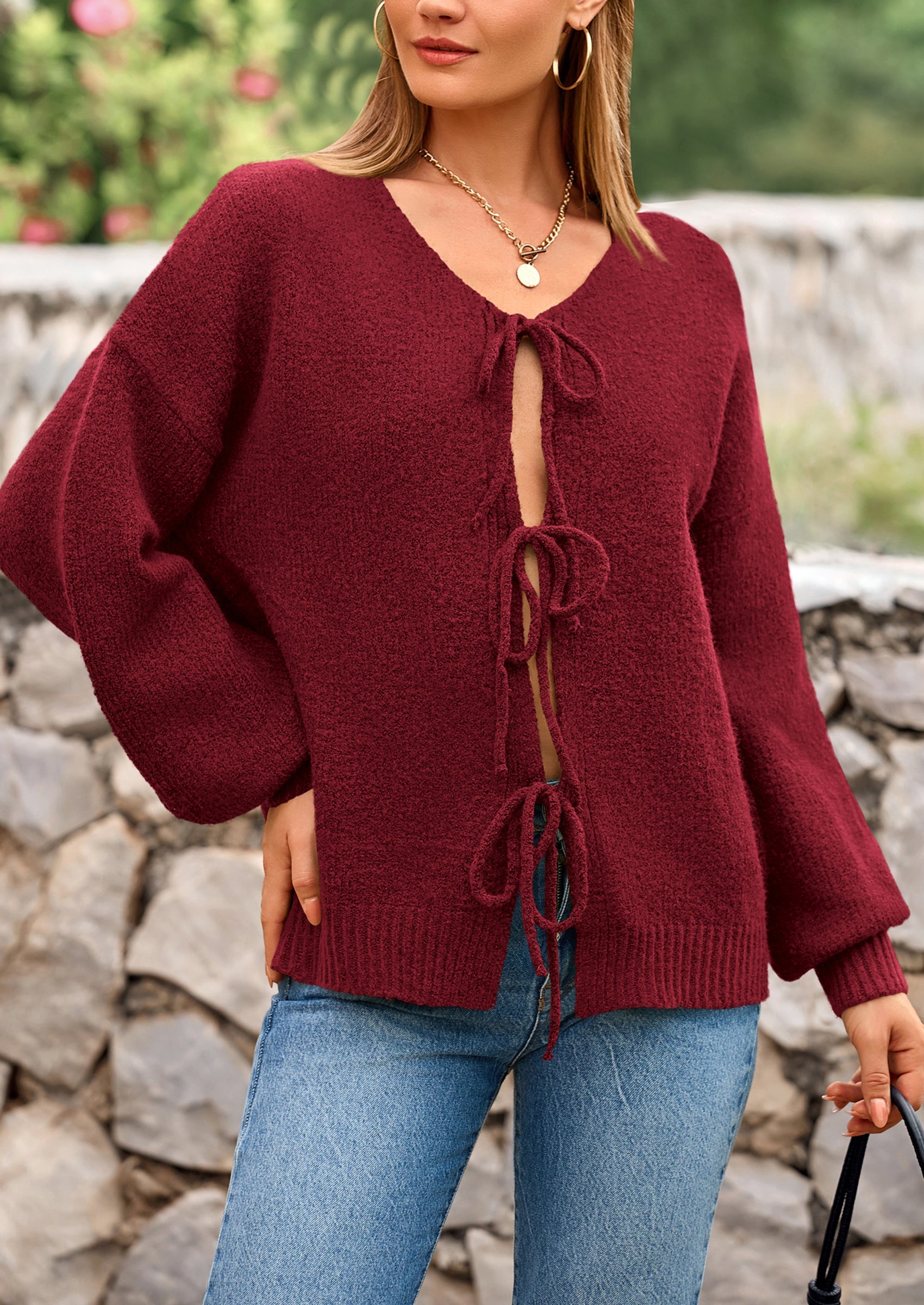 Tie-Front Bow Cardigan β Chunky Knit & Puff Sleeves