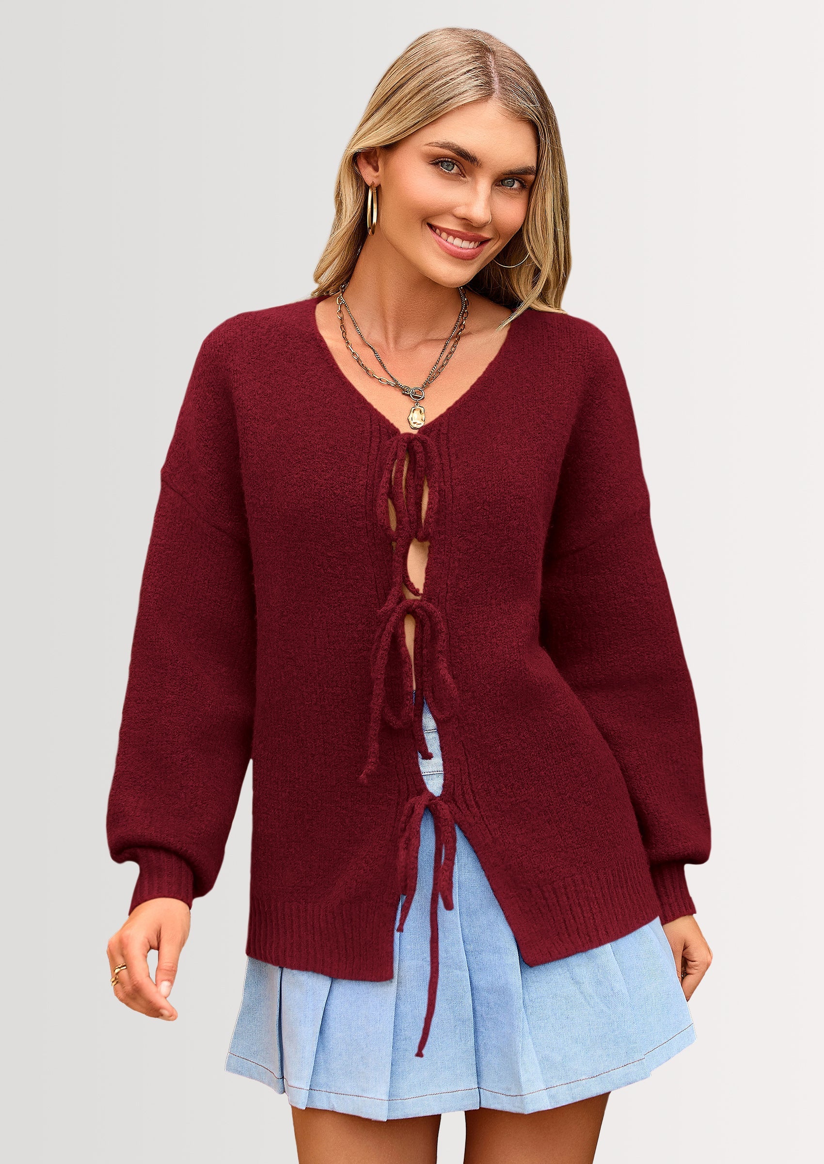 Tie-Front Bow Cardigan β Chunky Knit & Puff Sleeves