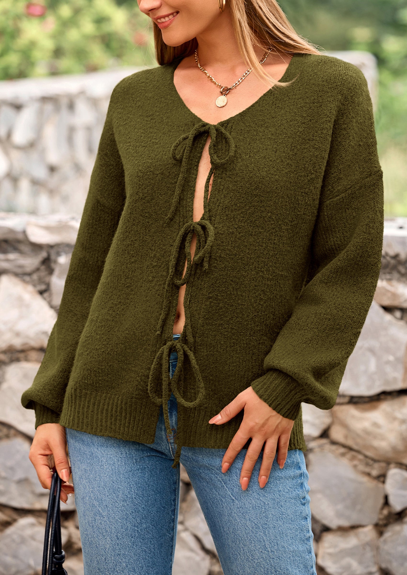 Tie-Front Bow Cardigan β Chunky Knit & Puff Sleeves