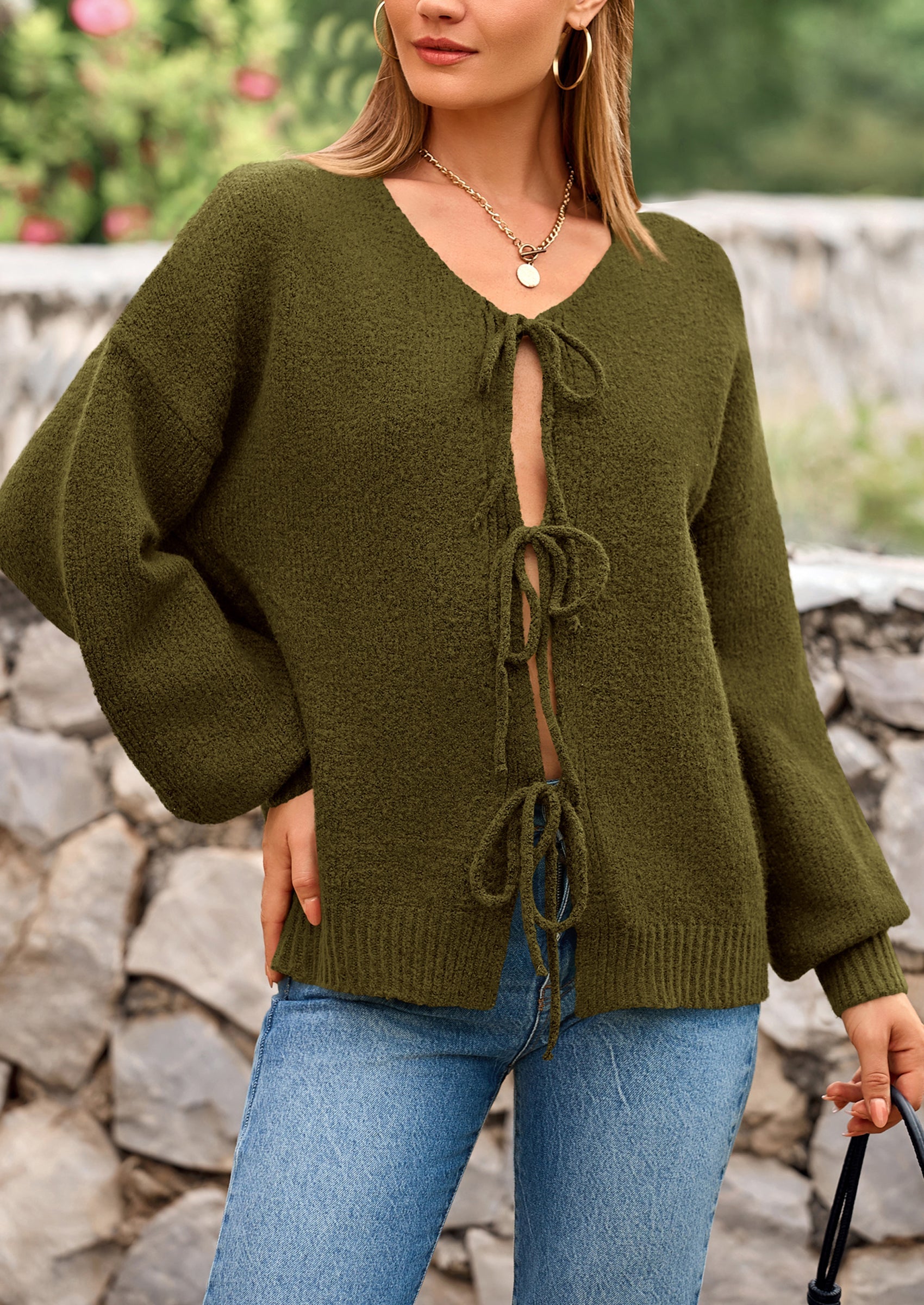 Tie-Front Bow Cardigan β Chunky Knit & Puff Sleeves