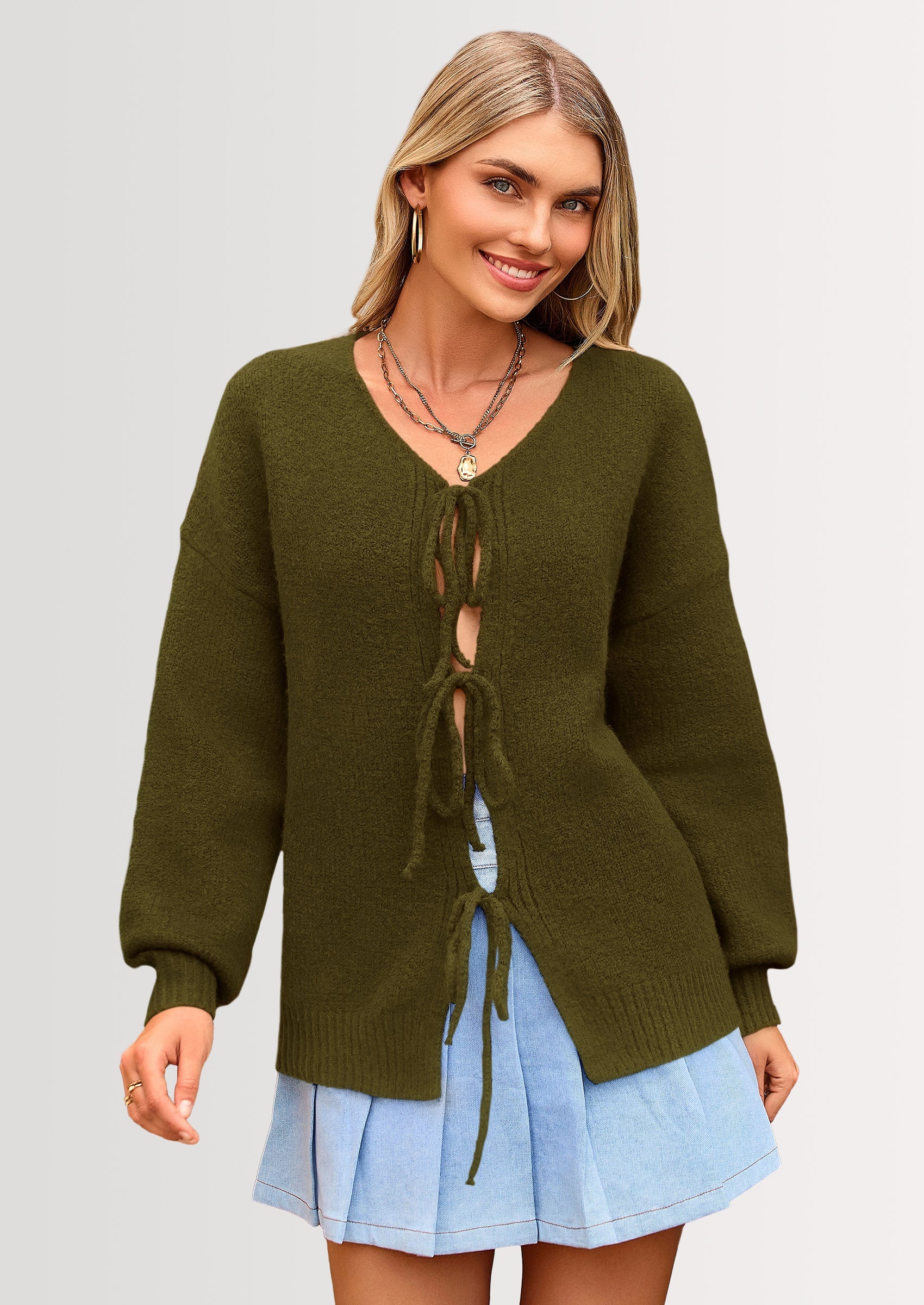 Tie-Front Bow Cardigan β Chunky Knit & Puff Sleeves