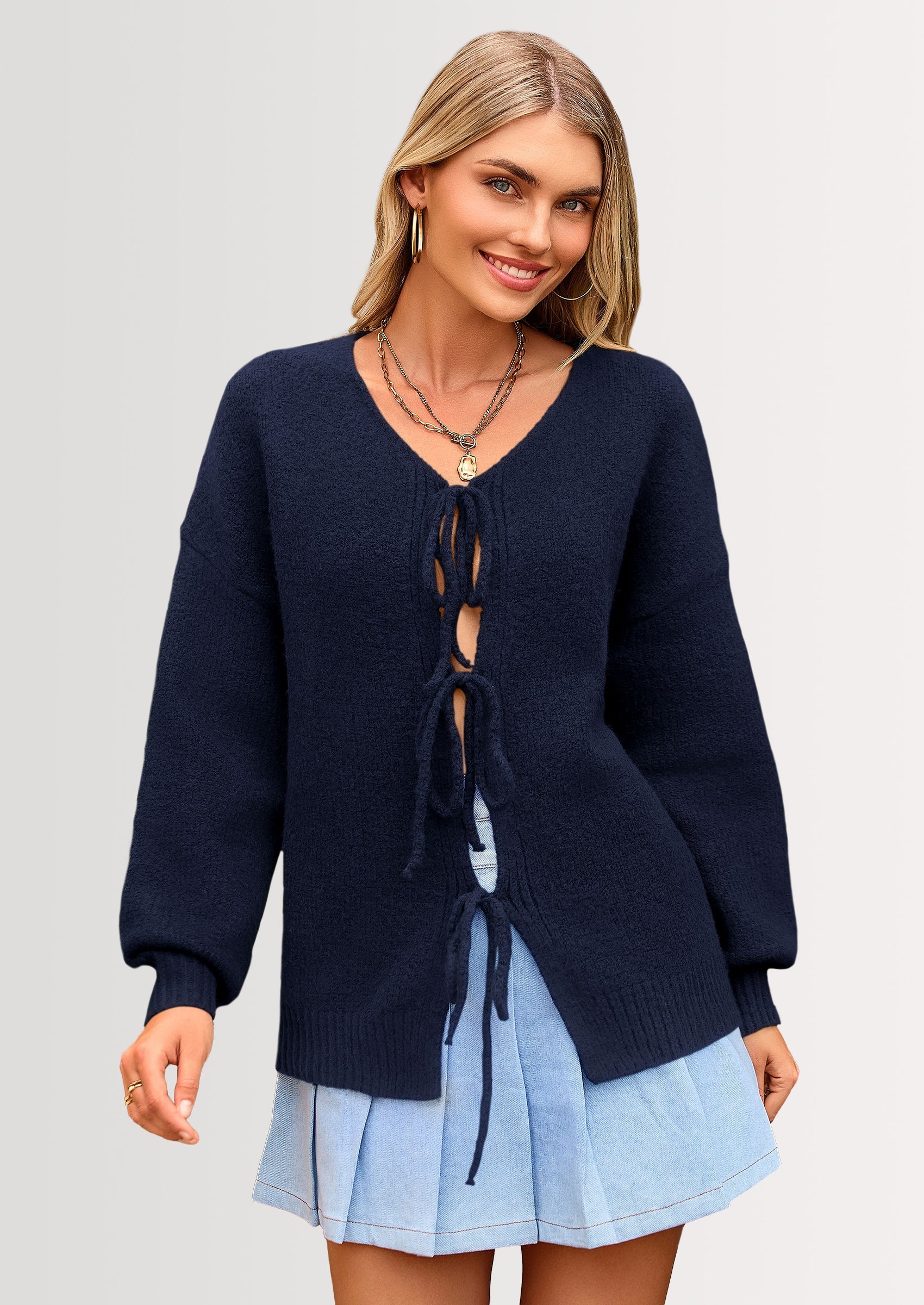 Tie-Front Bow Cardigan β Chunky Knit & Puff Sleeves