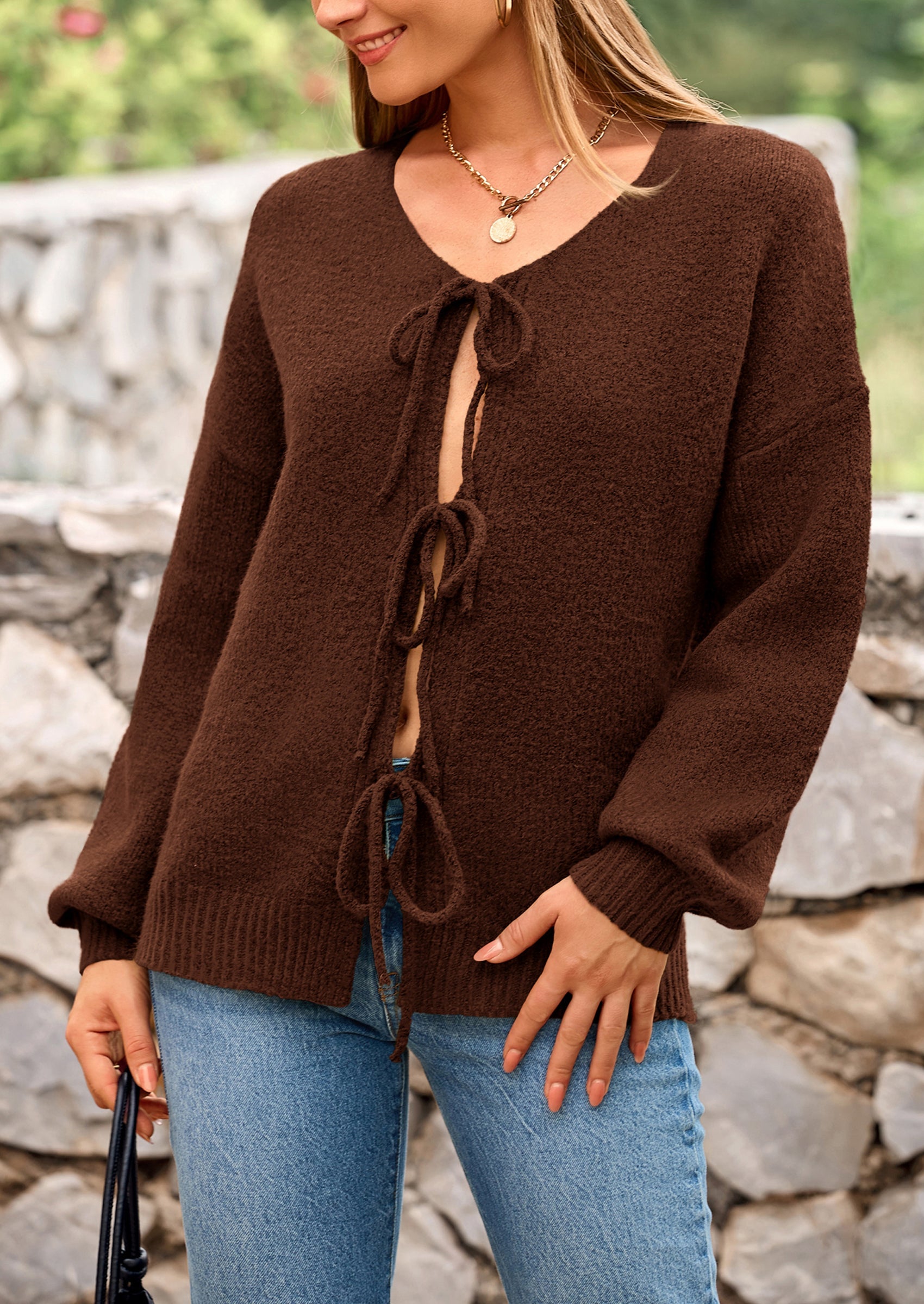 Tie-Front Bow Cardigan β Chunky Knit & Puff Sleeves