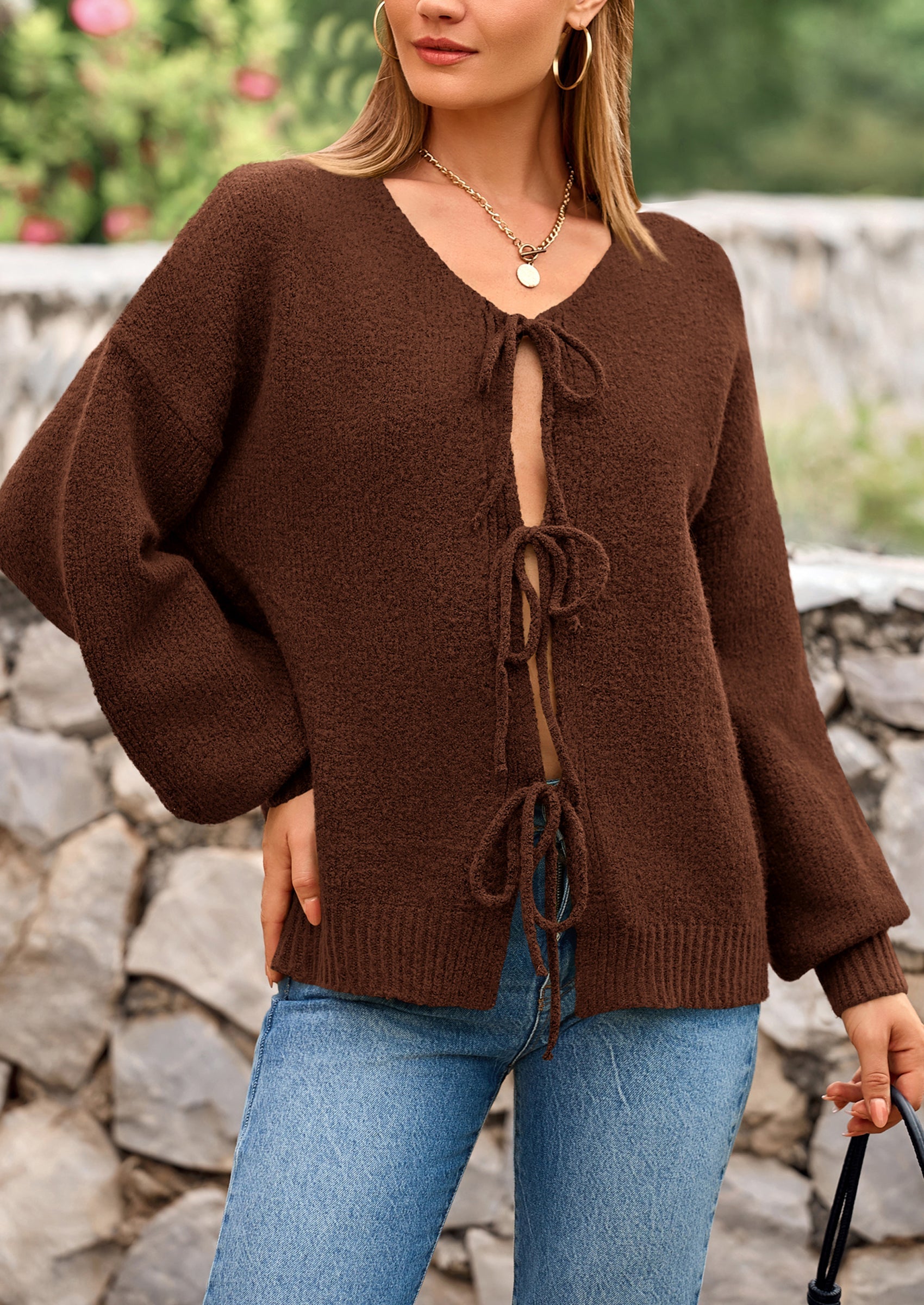 Tie-Front Bow Cardigan β Chunky Knit & Puff Sleeves