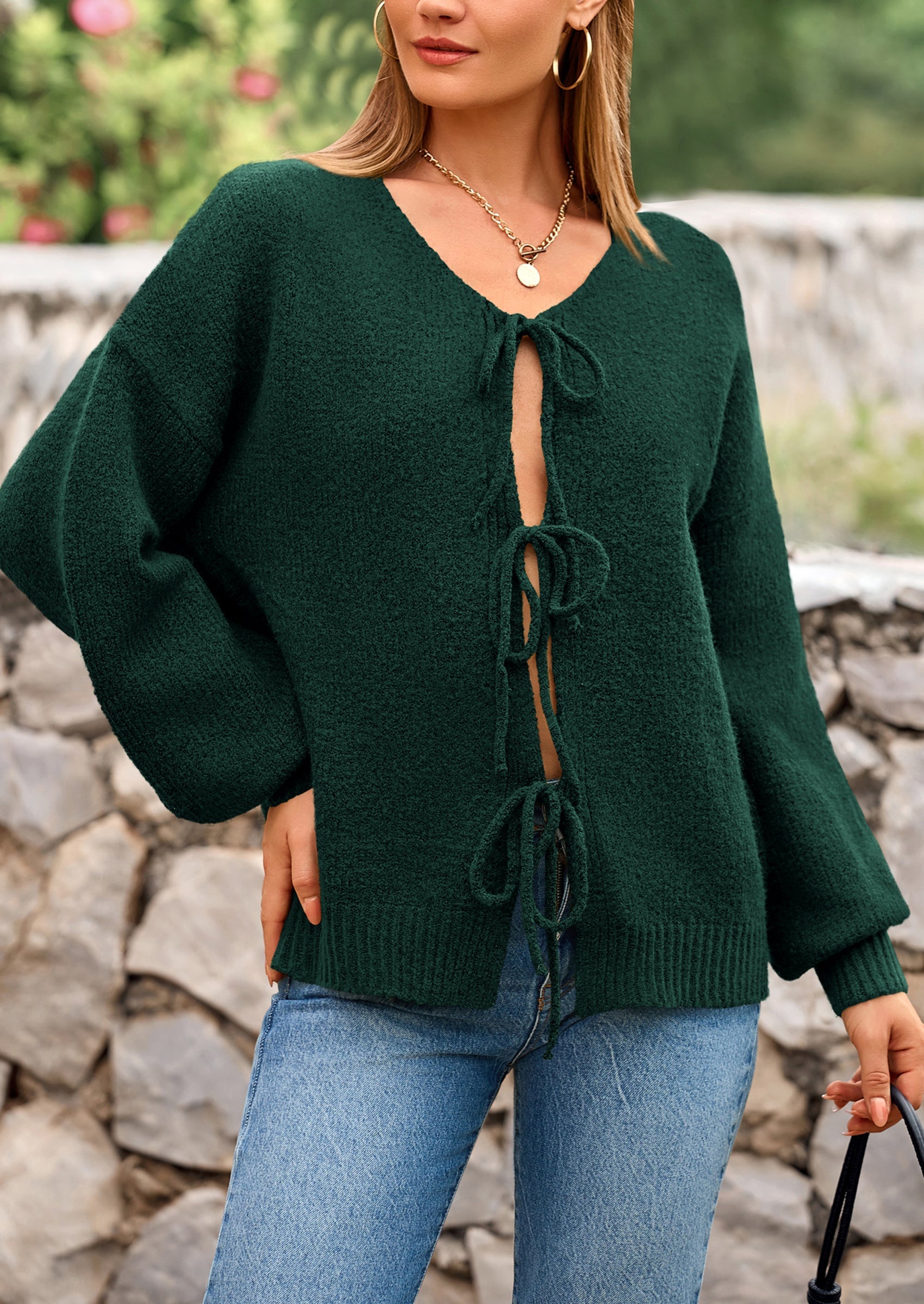 Tie-Front Bow Cardigan β Chunky Knit & Puff Sleeves