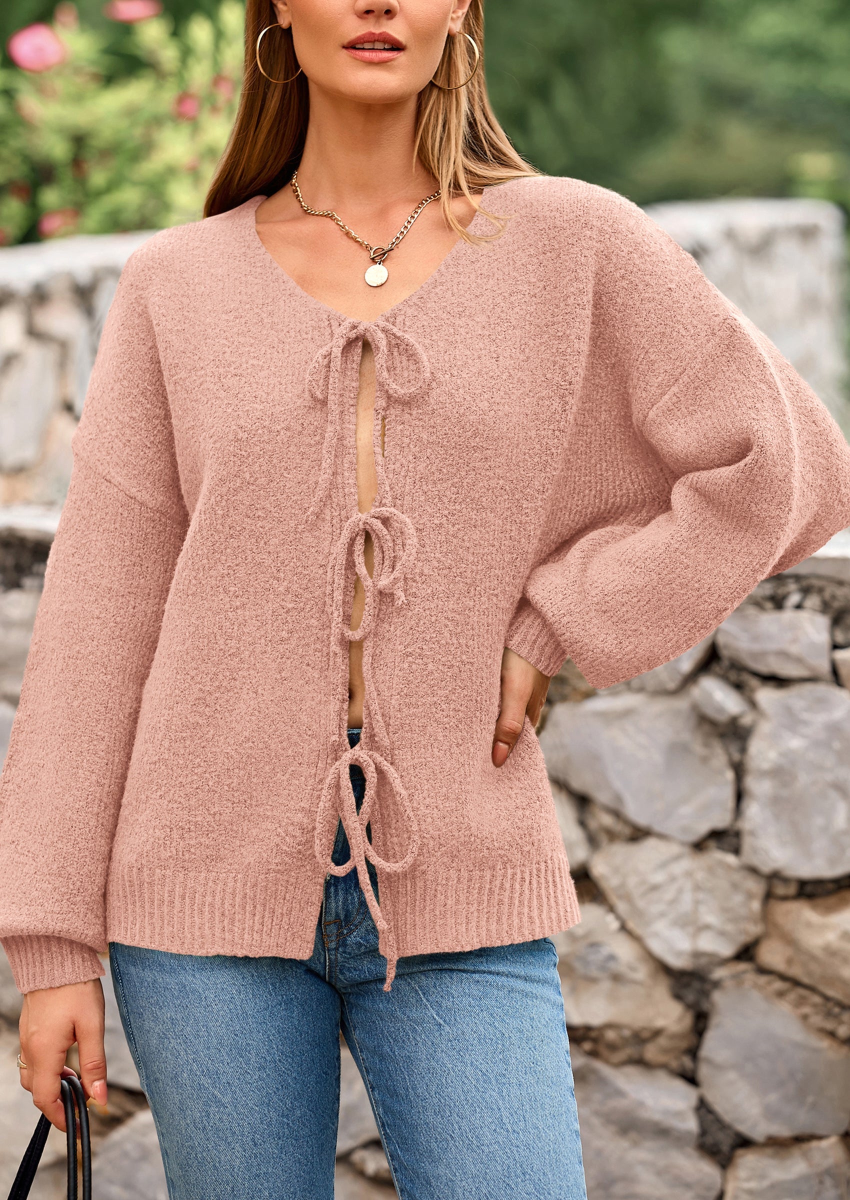 Tie-Front Bow Cardigan β Chunky Knit & Puff Sleeves