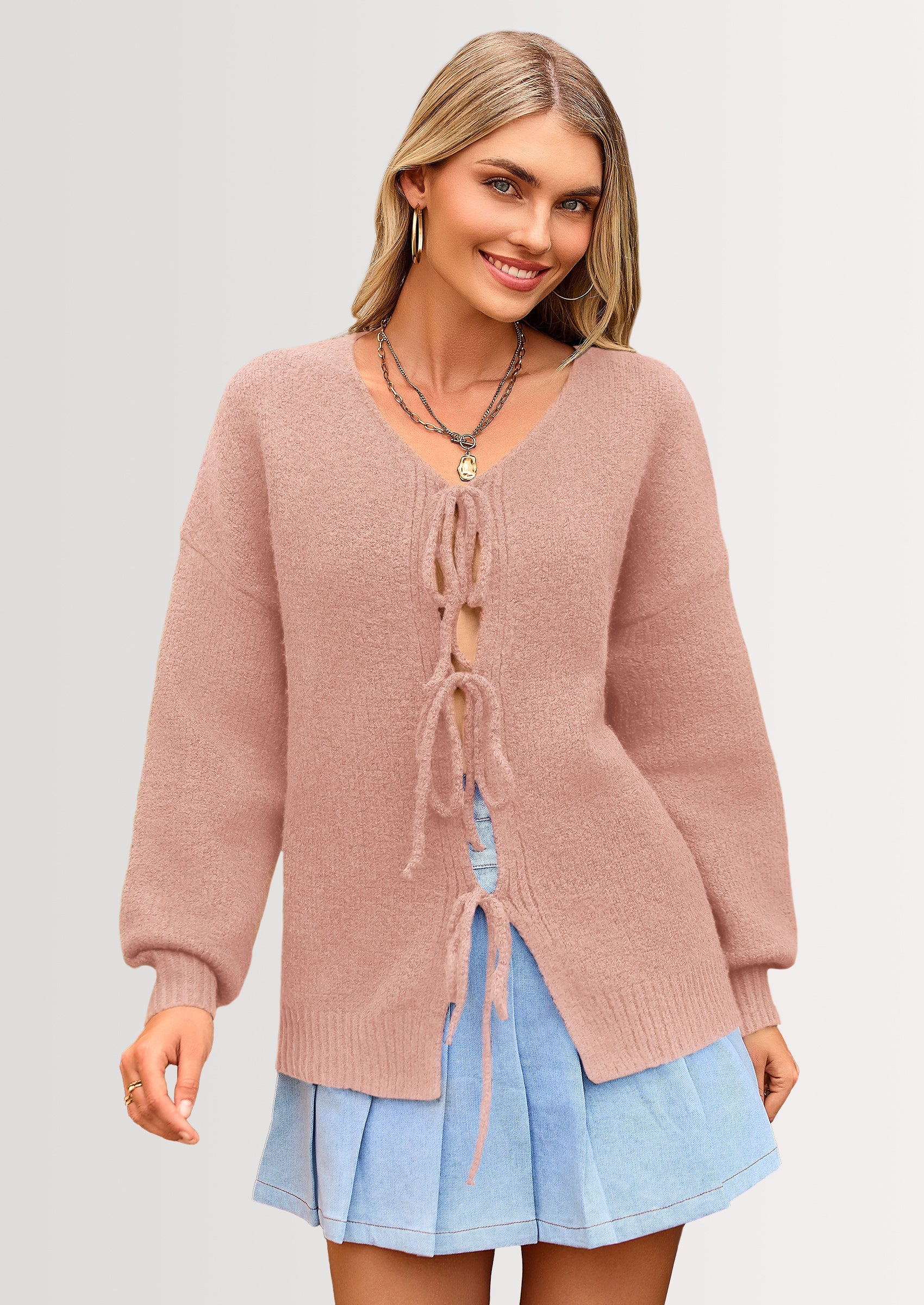 Tie-Front Bow Cardigan β Chunky Knit & Puff Sleeves