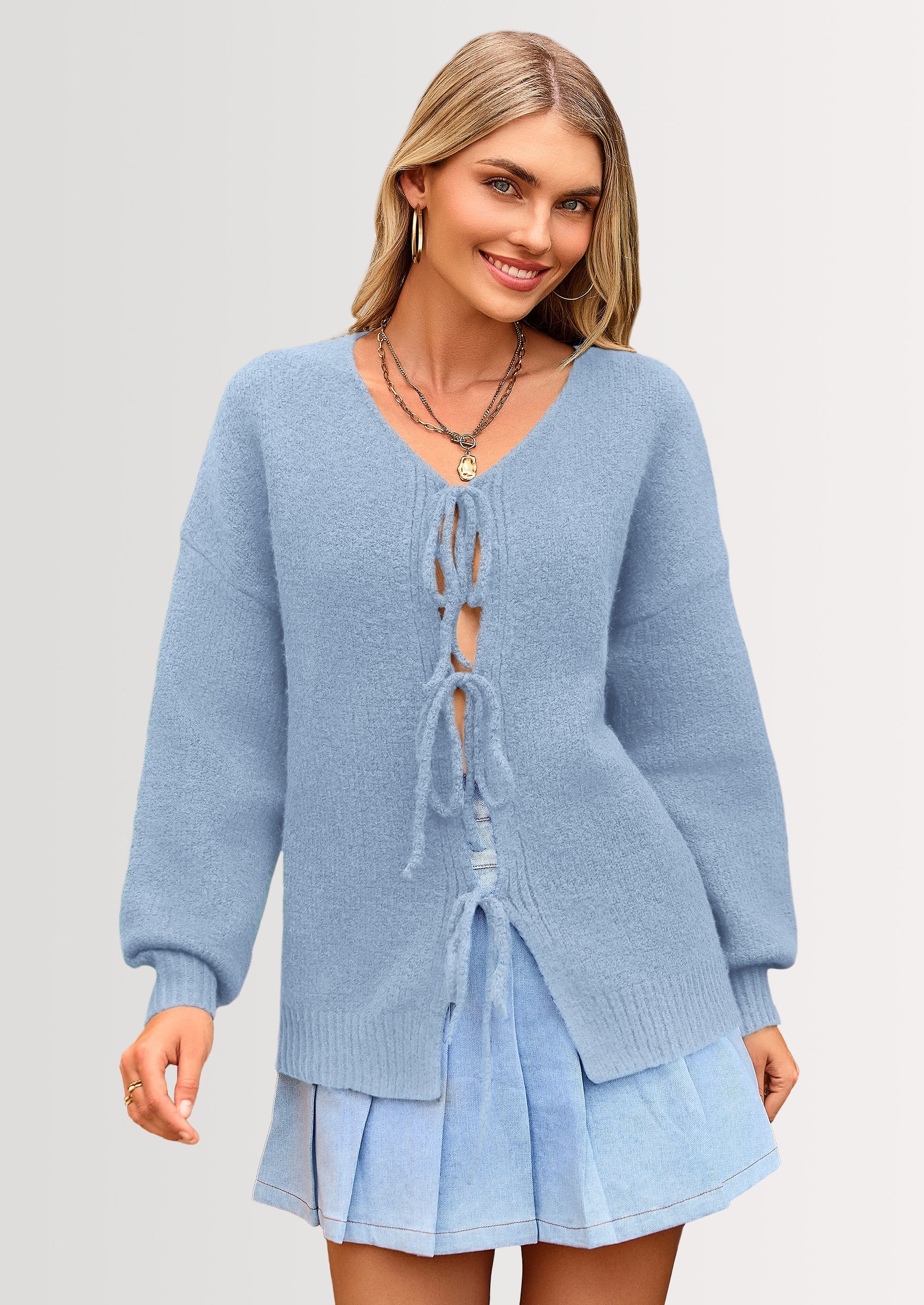 Tie-Front Bow Cardigan β Chunky Knit & Puff Sleeves