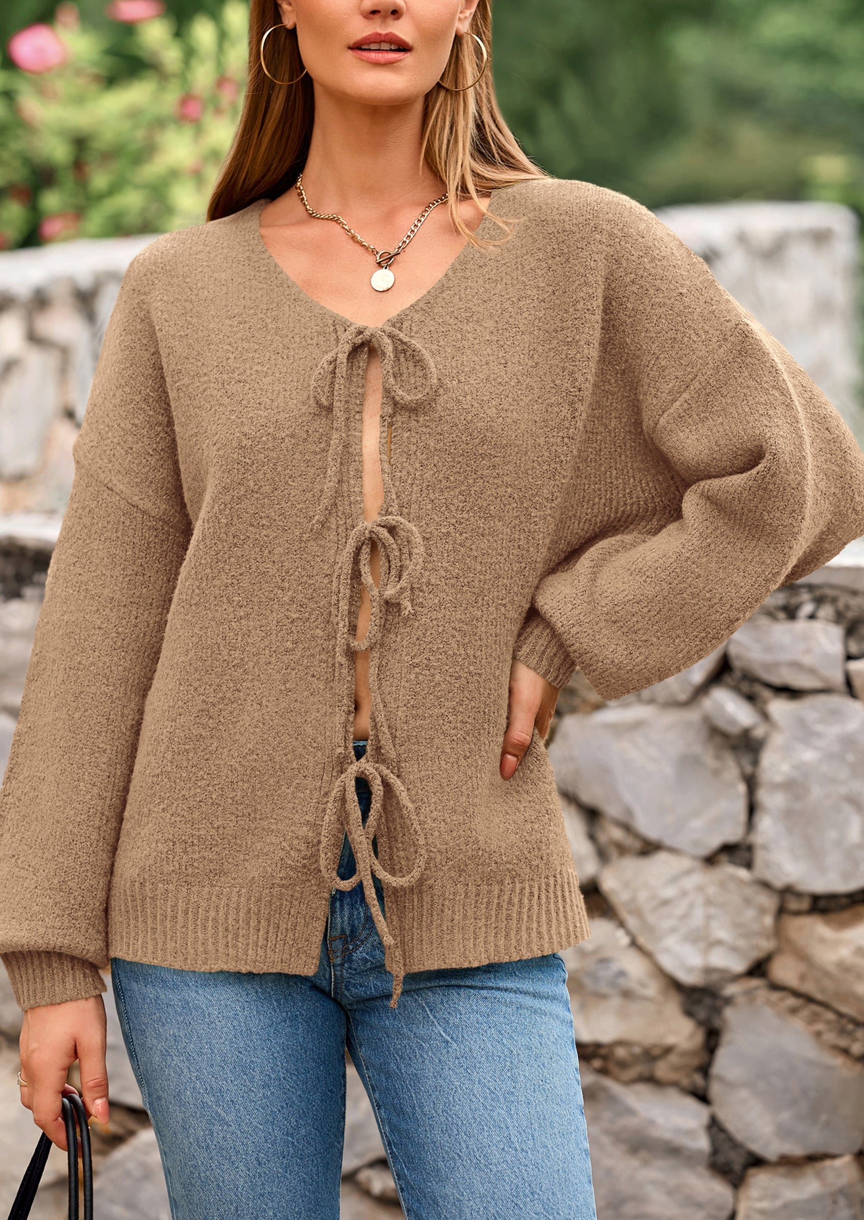 Tie-Front Bow Cardigan – Chunky Knit & Puff Sleeves