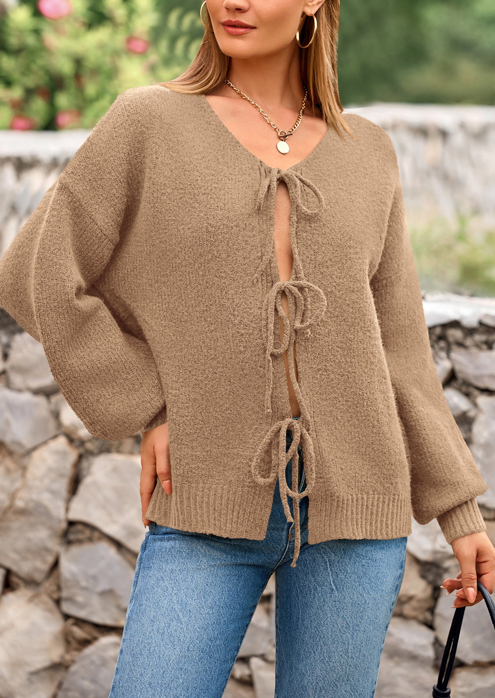 Tie-Front Bow Cardigan – Chunky Knit & Puff Sleeves