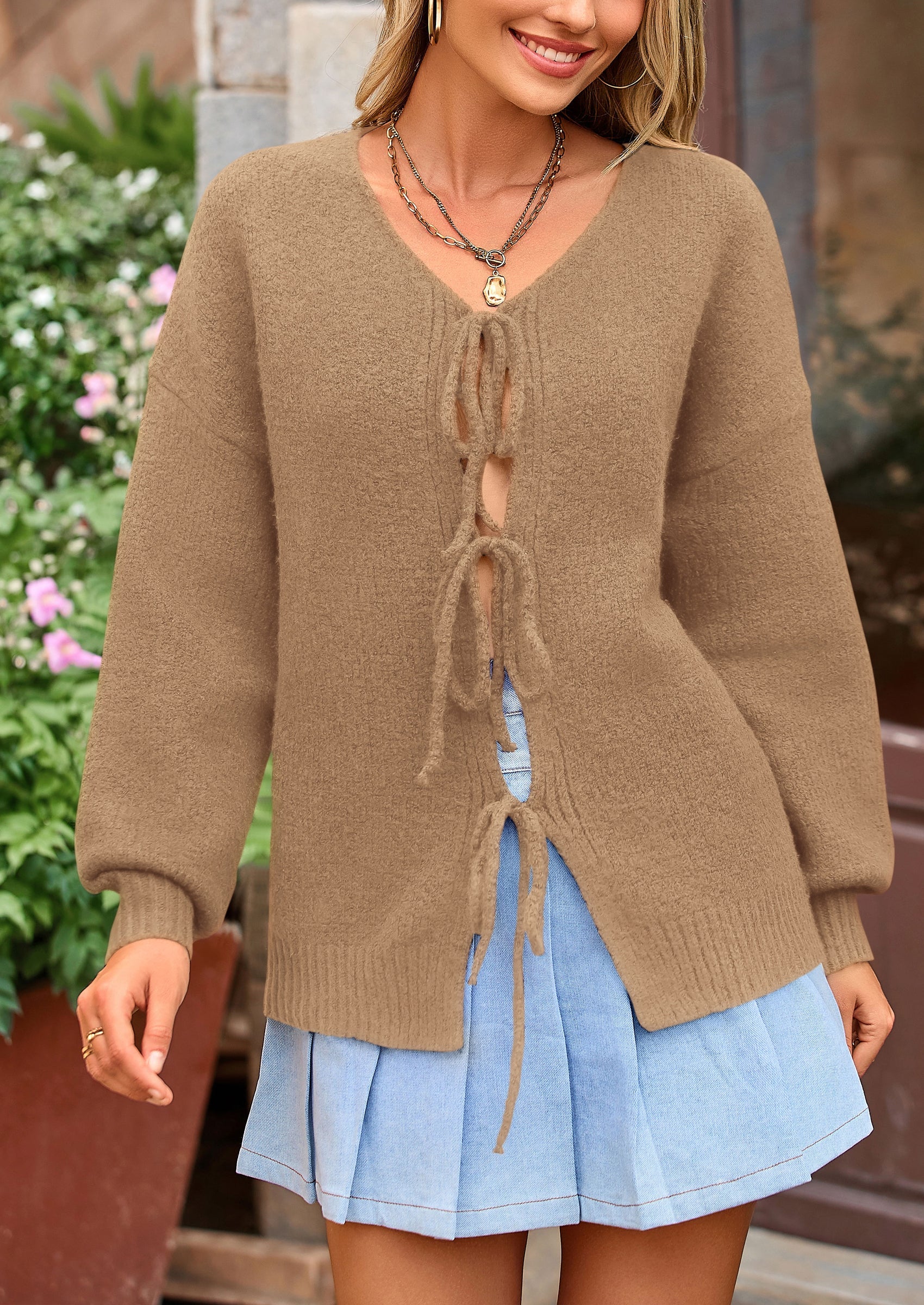Tie-Front Bow Cardigan β Chunky Knit & Puff Sleeves