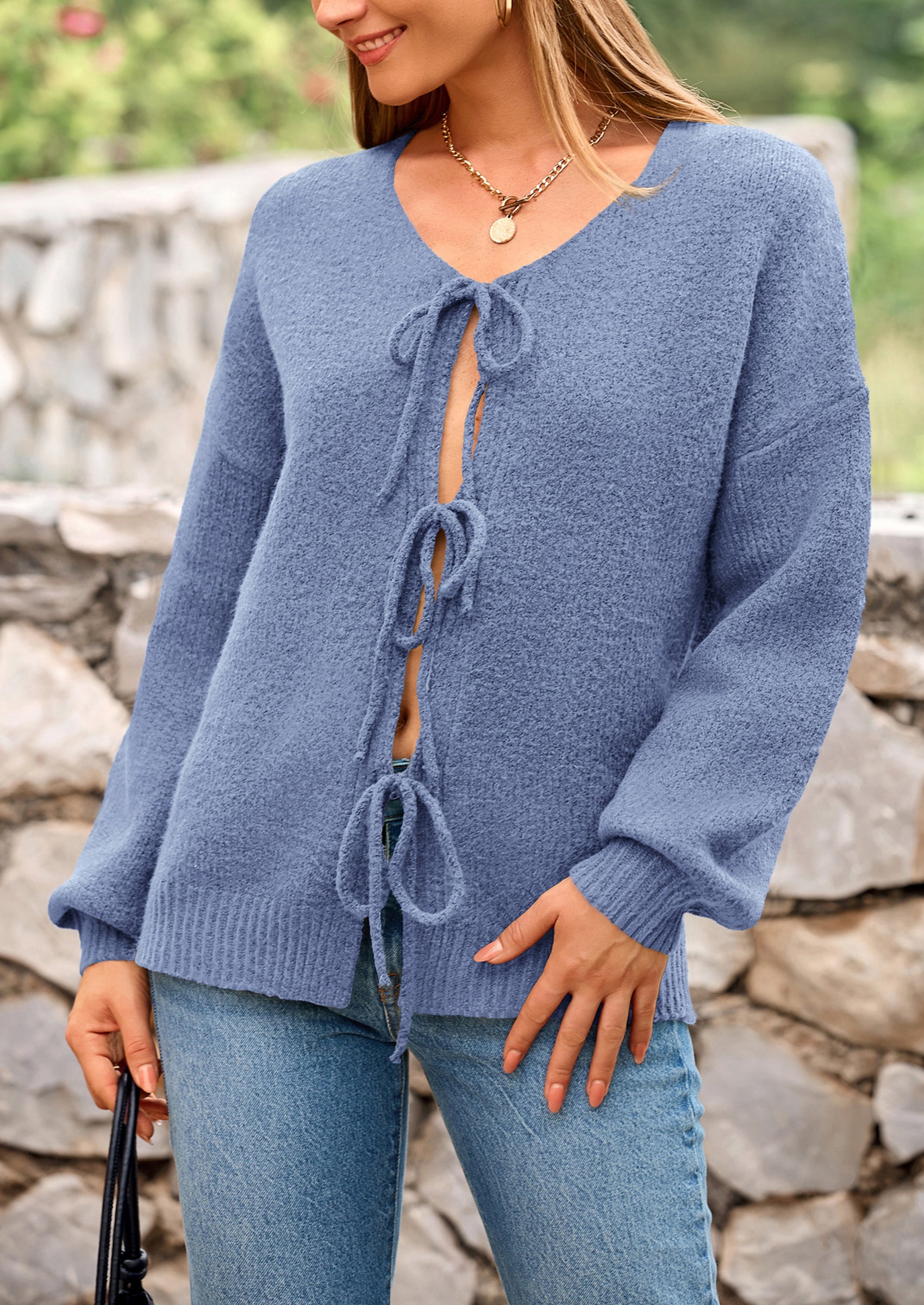 Tie-Front Bow Cardigan β Chunky Knit & Puff Sleeves