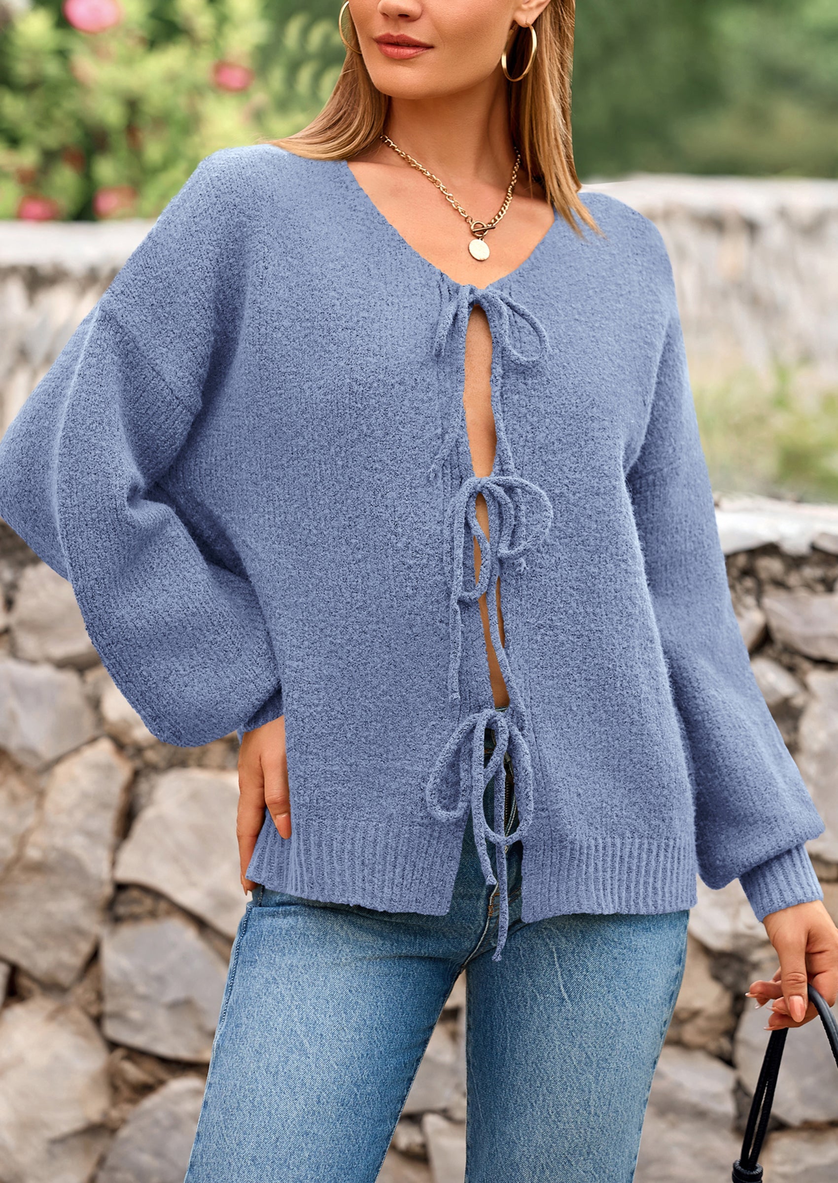 Tie-Front Bow Cardigan β Chunky Knit & Puff Sleeves