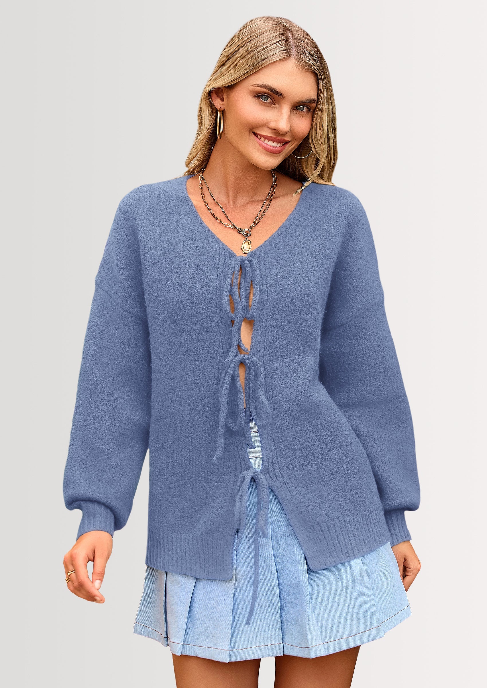 Tie-Front Bow Cardigan β Chunky Knit & Puff Sleeves