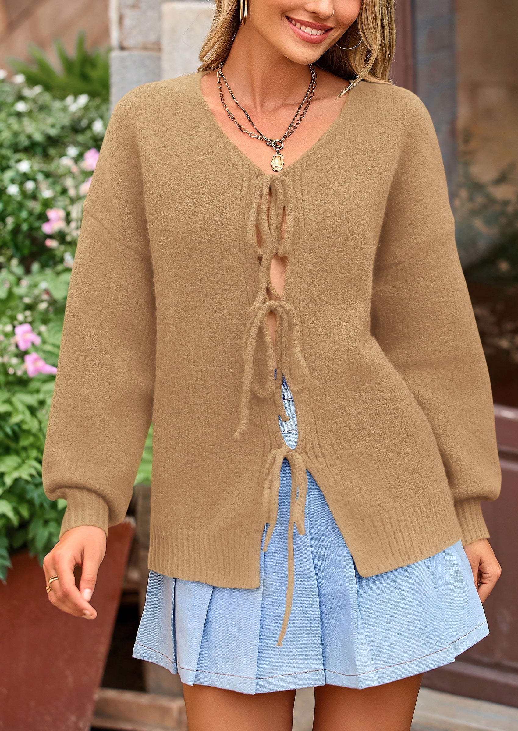 Tie-Front Bow Cardigan β Chunky Knit & Puff Sleeves
