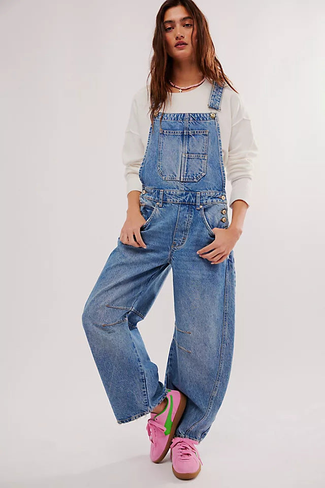 Wide-leg denim overalls - Relaxed Fit, Utility Pockets