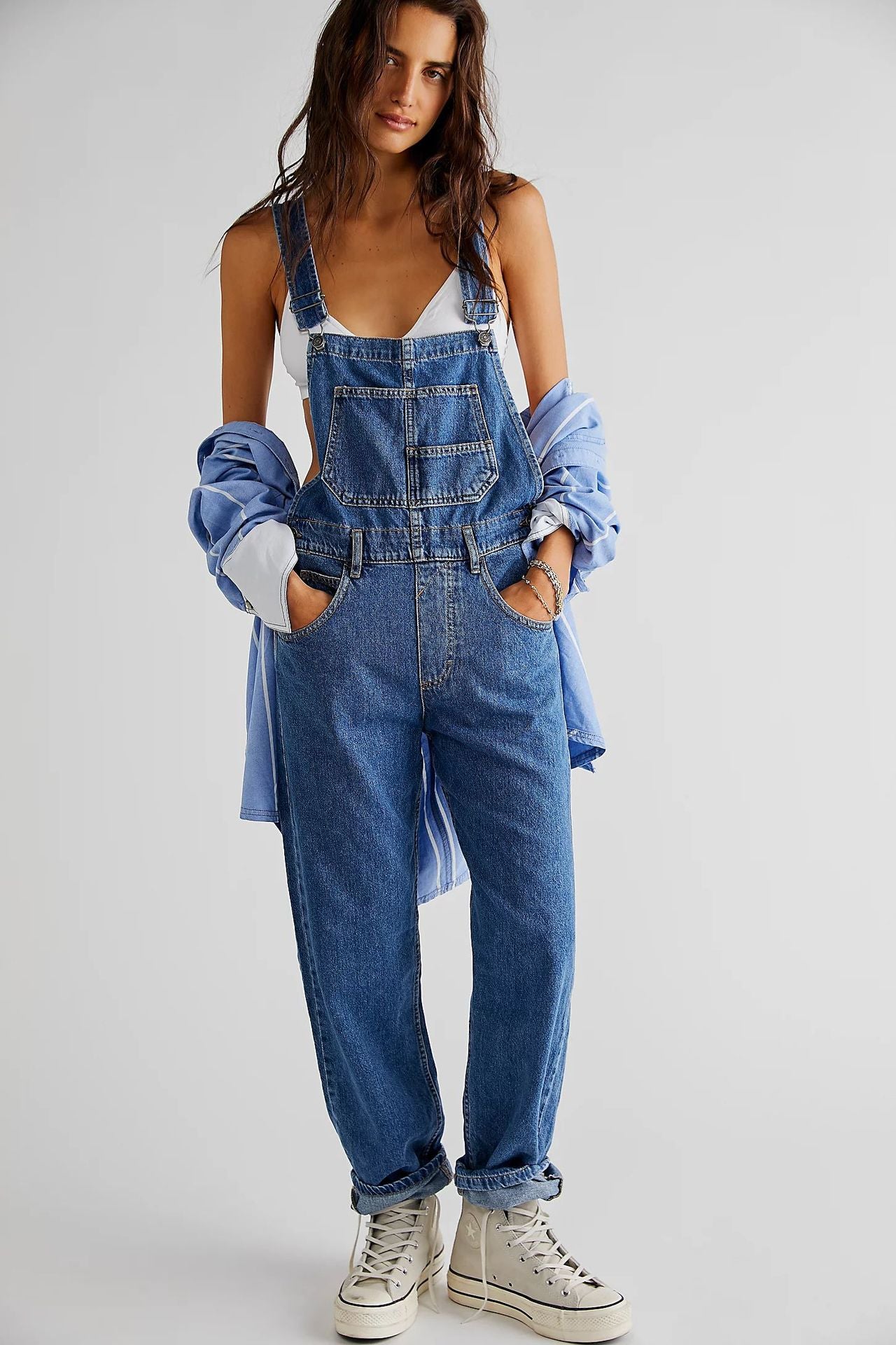 Wide-leg denim overalls - Relaxed Fit, Utility Pockets
