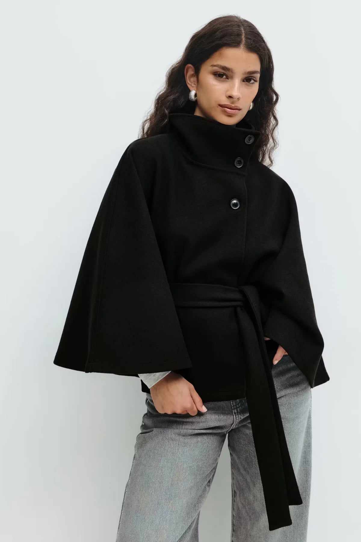 Belted High-Neck Cape – One Size Oversized Fit