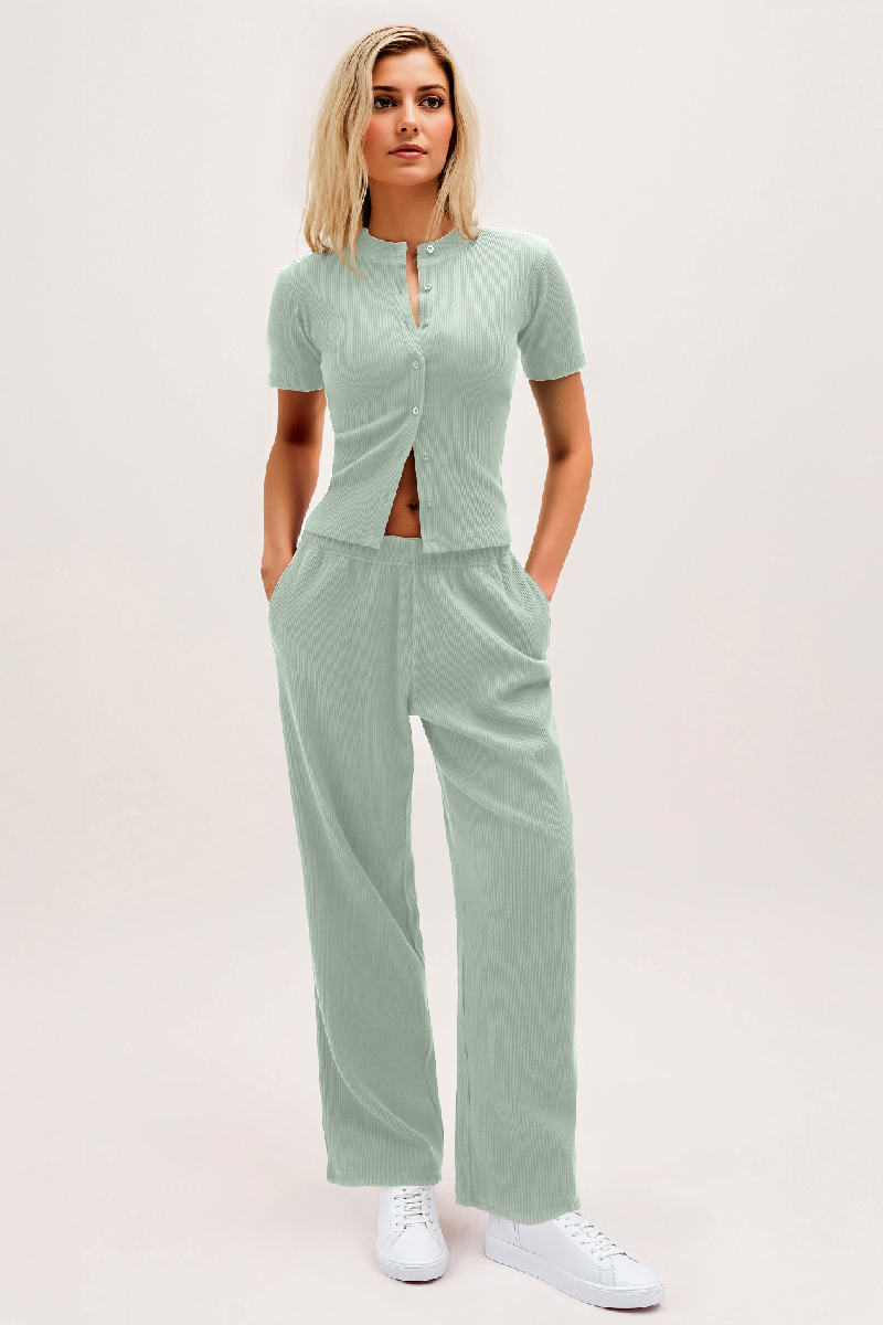 Short-Sleeve Button Top & Wide-Leg Trousers Set - Clean Minimal