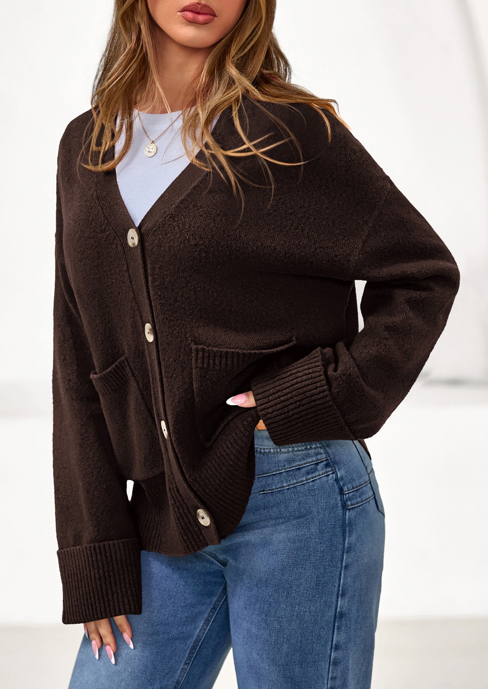 Oversized Chunky Knit Cardigan – V-Neck Button Front
