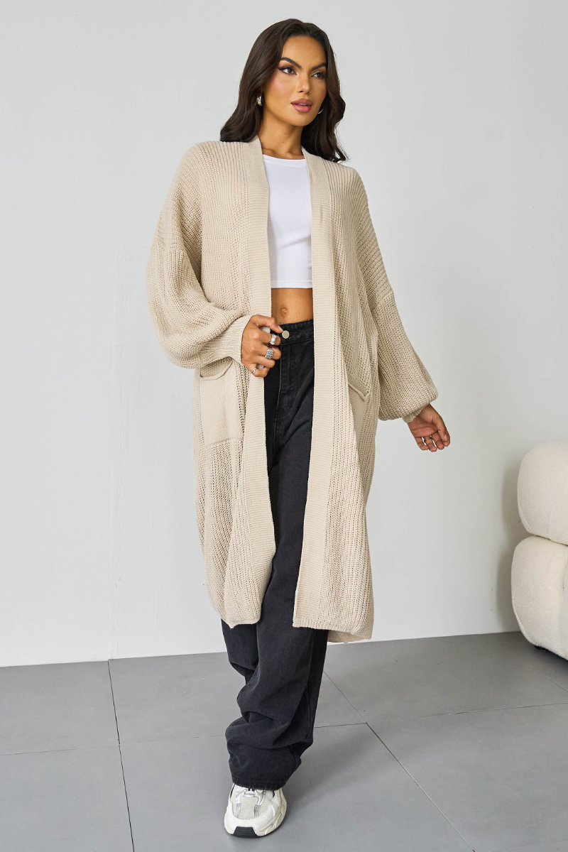 Puff-Sleeve Knit Cardigan – Open Front, Side Pockets