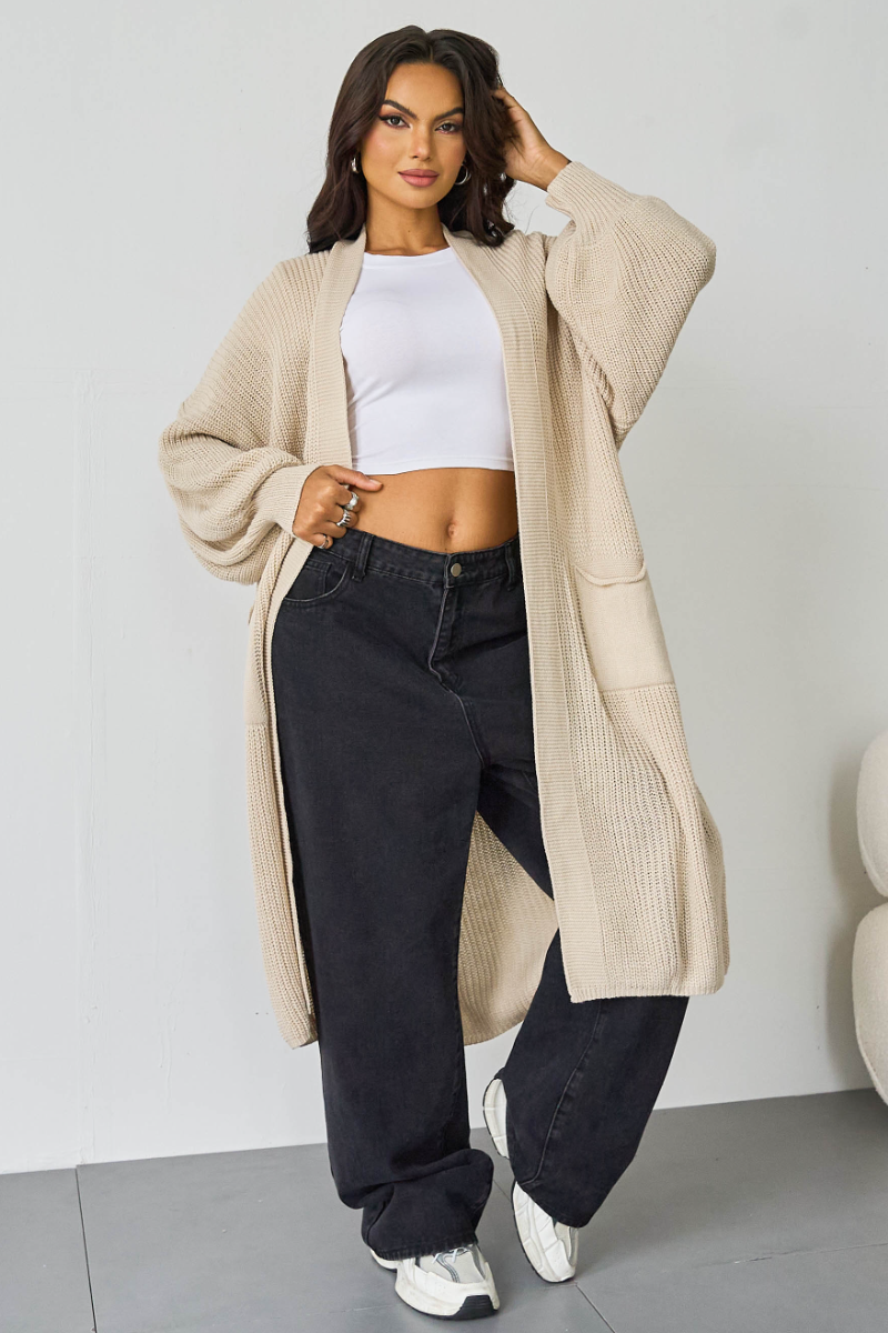 Puff-Sleeve Knit Cardigan – Open Front, Side Pockets