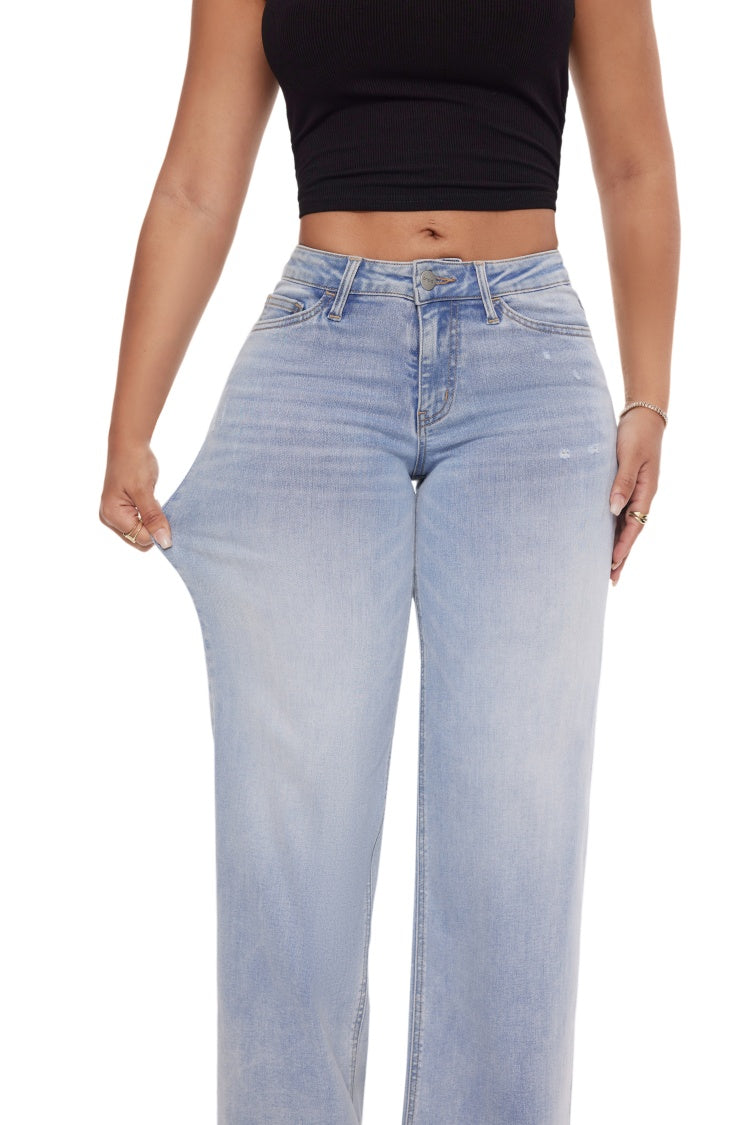 Mid-Low Rise Baggy Wide-Leg Jeans – Stretch Denim