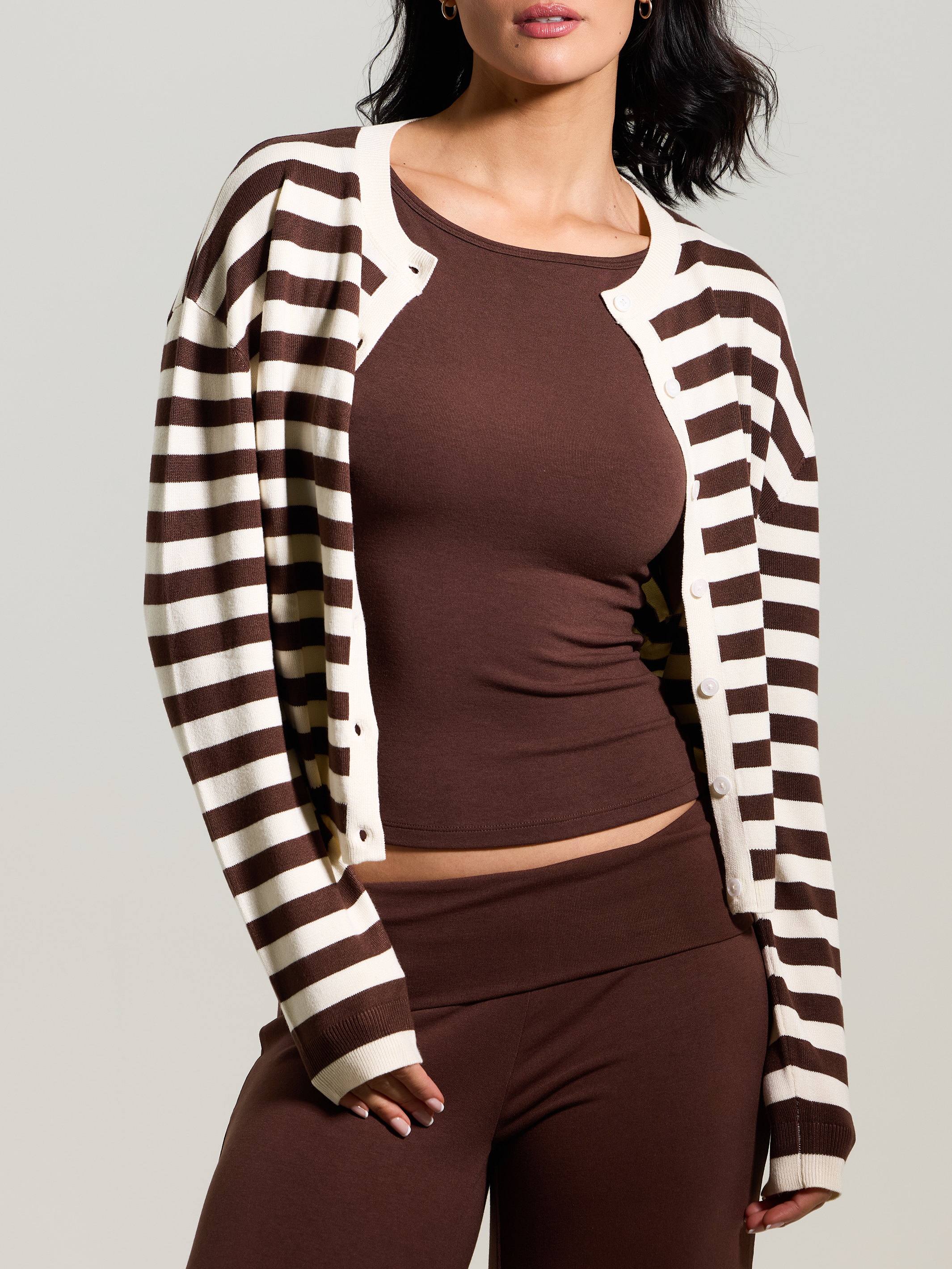 Striped Knit Cardigan – Cropped Buttoned Fit