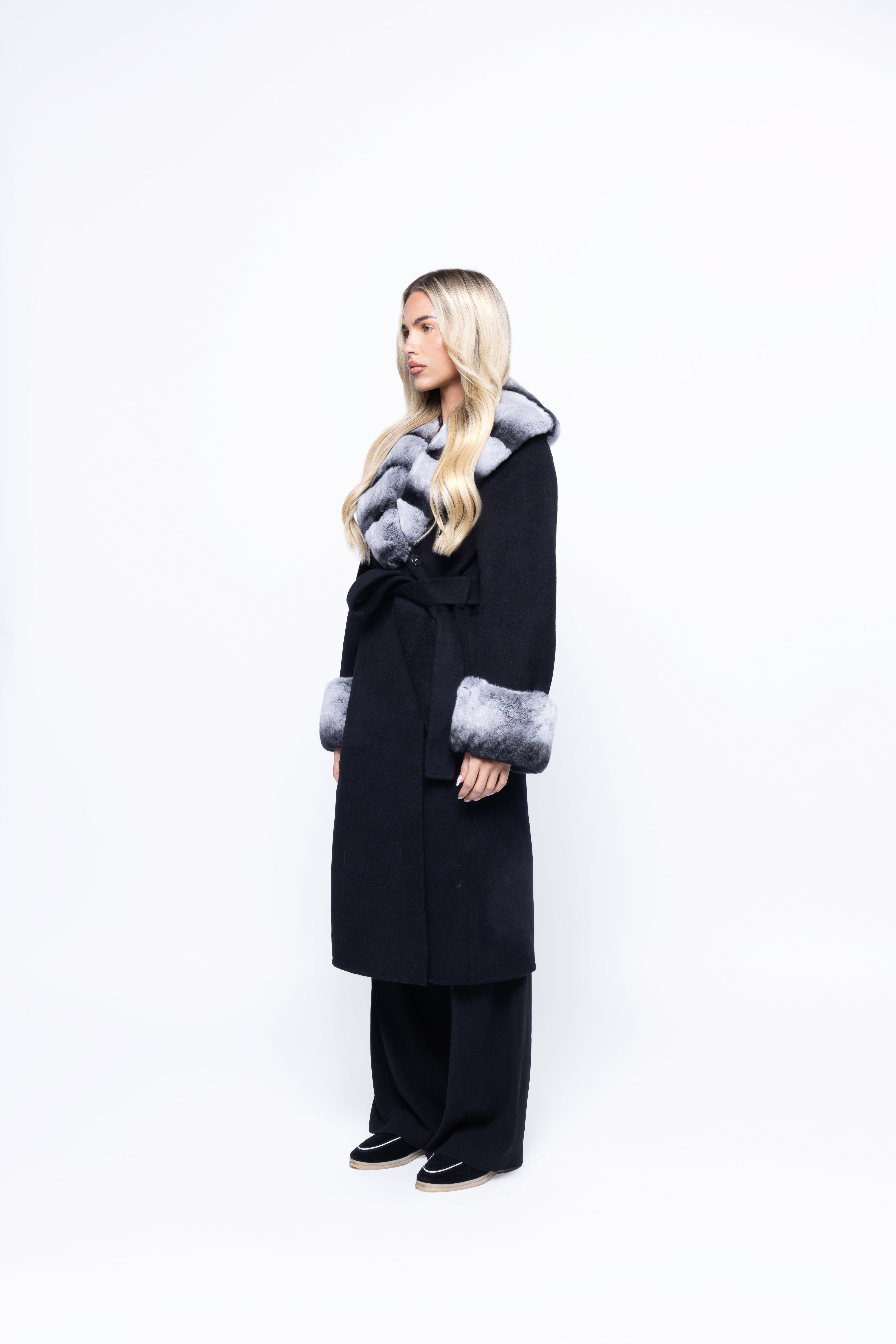 Aurelia Wool Coat – Faux Fur Collar & Belted Wrap (Jet Black)