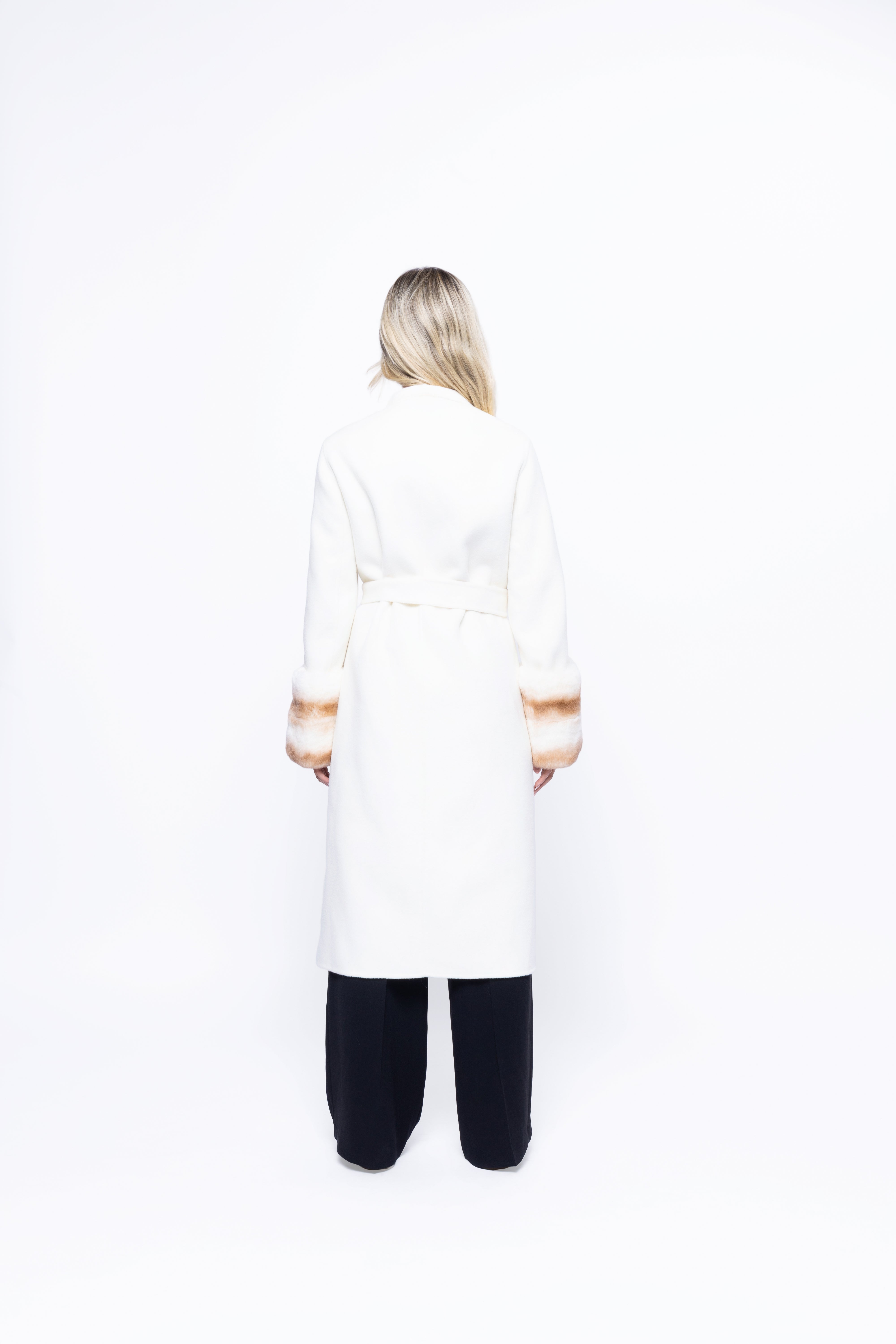 Aurelia Wool Coat with Fur Cuffs – Longline, Belted Warmth (White)