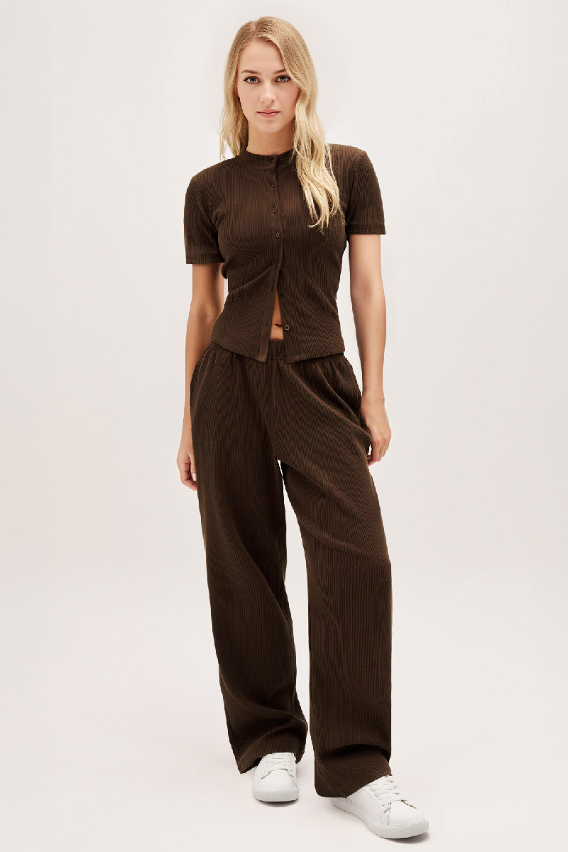 Short-Sleeve Button Top & Wide-Leg Trousers Set - Clean Minimal