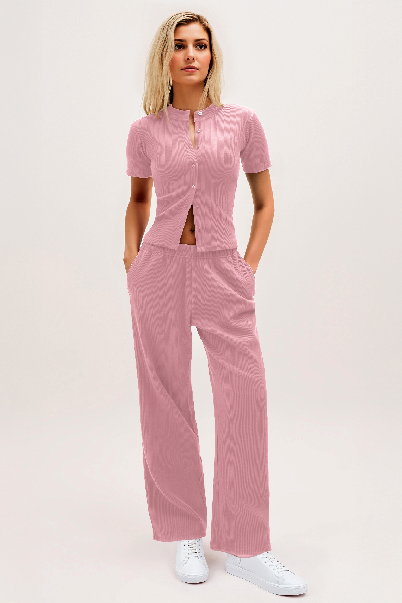 Short-Sleeve Button Top & Wide-Leg Trousers Set - Clean Minimal