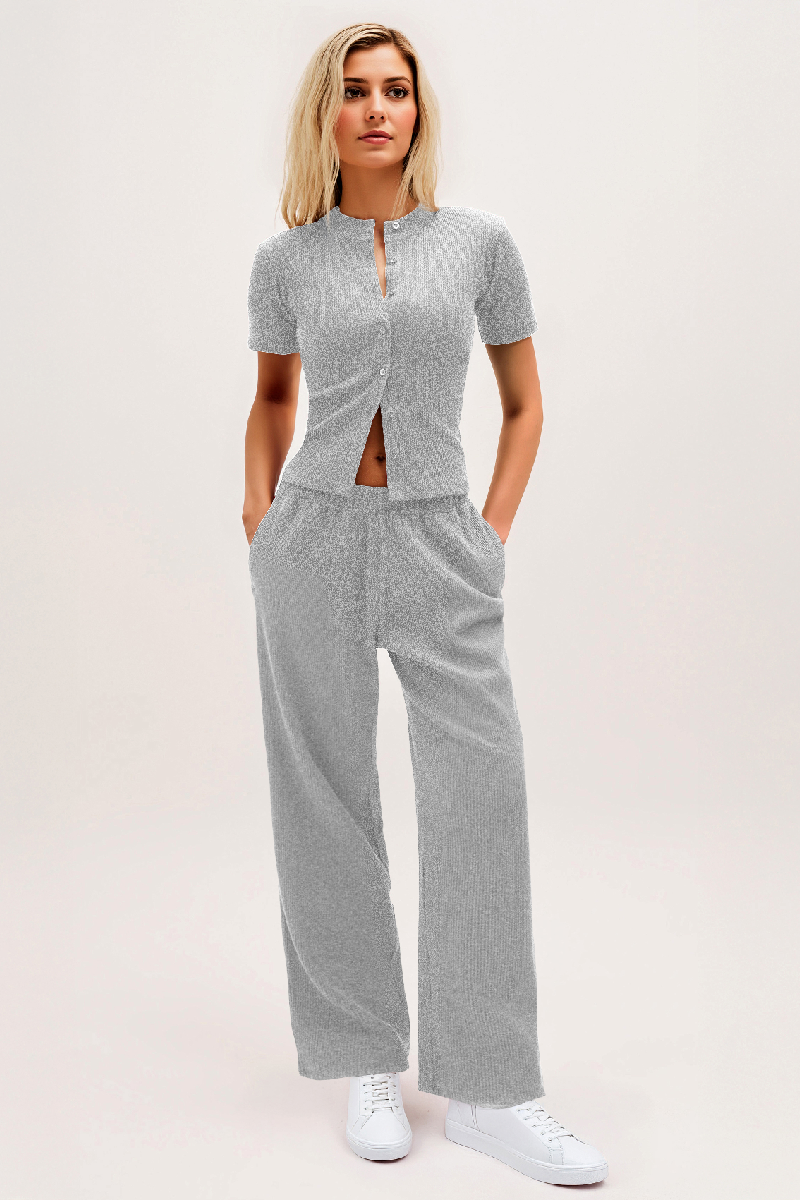 Short-Sleeve Button Top & Wide-Leg Trousers Set - Clean Minimal