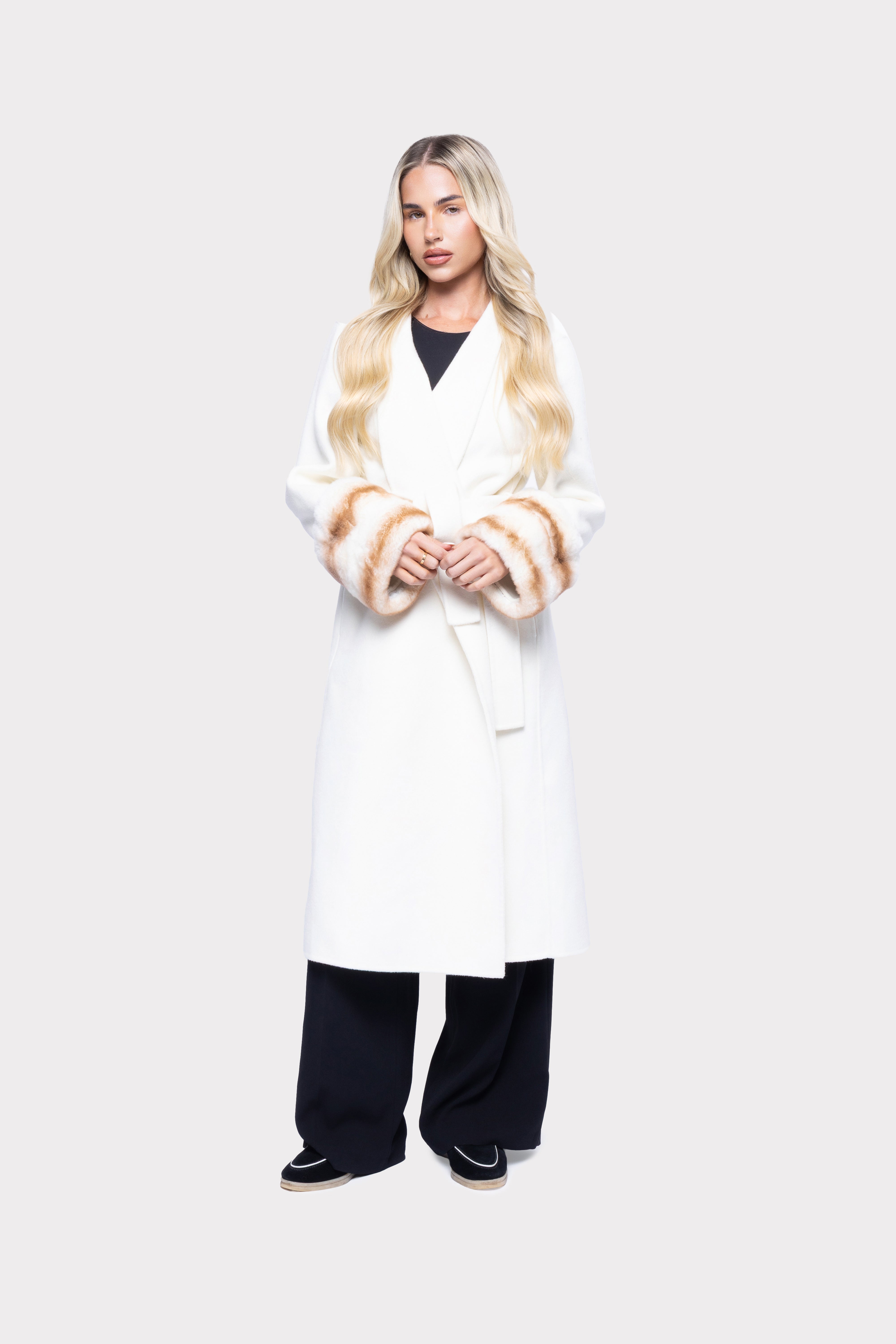 Aurelia Wool Coat with Fur Cuffs – Longline, Belted Warmth (White)