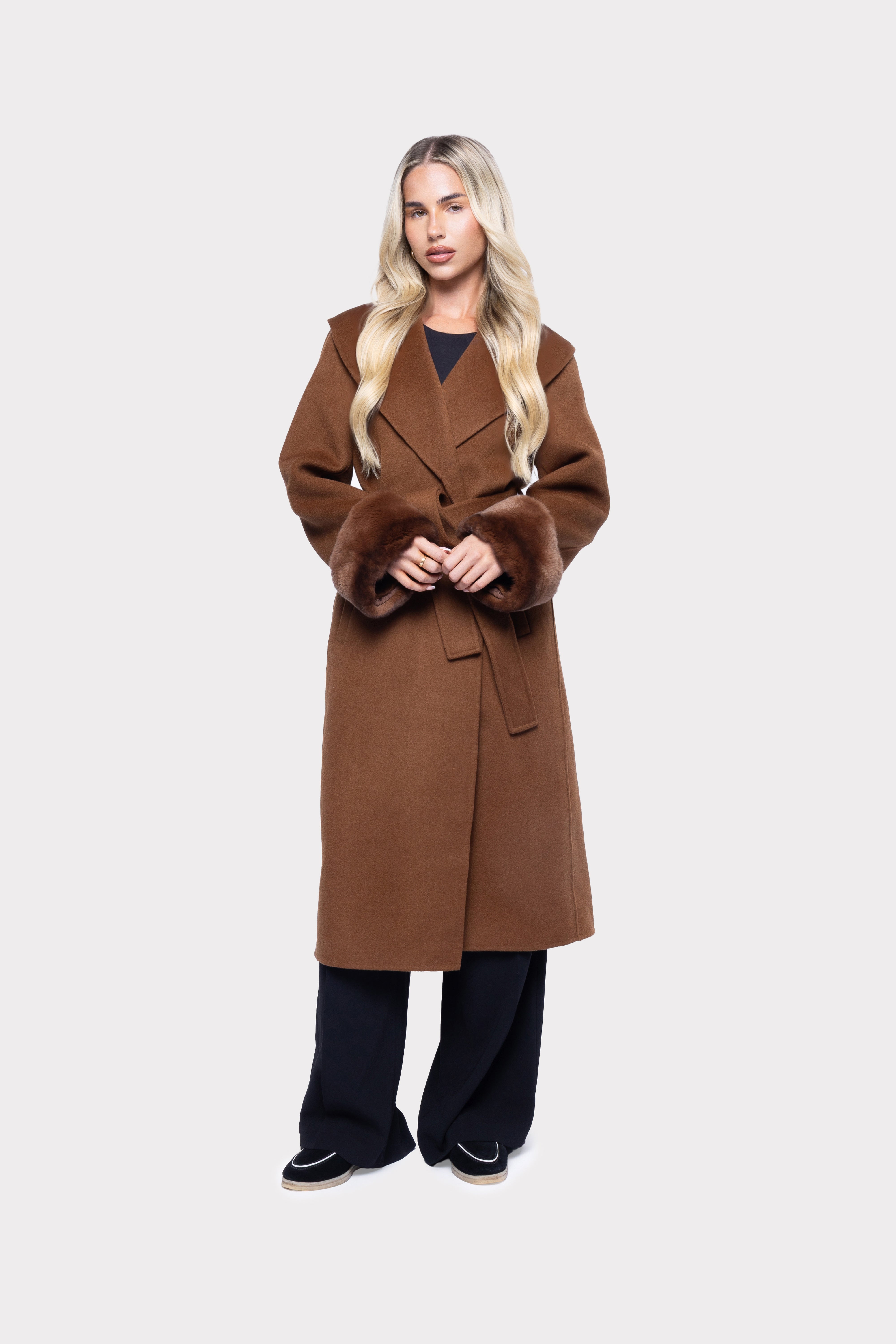 Aurelia Wool-Blend Coat – Fur Cuffs, Belted Longline Warmth (Chocolat)