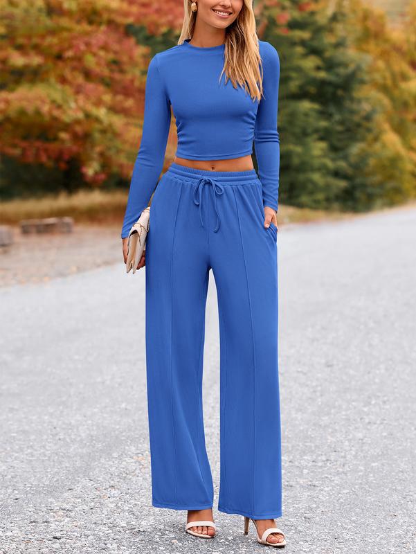Matching Lounge Set – Long-Sleeve Crop & Wide-Leg Pants