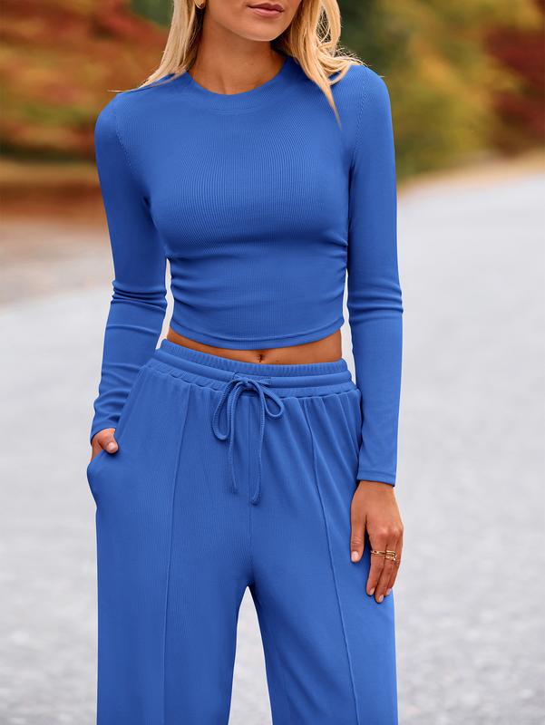 Matching Lounge Set – Long-Sleeve Crop & Wide-Leg Pants