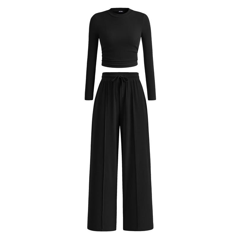 Matching Lounge Set – Long-Sleeve Crop & Wide-Leg Pants