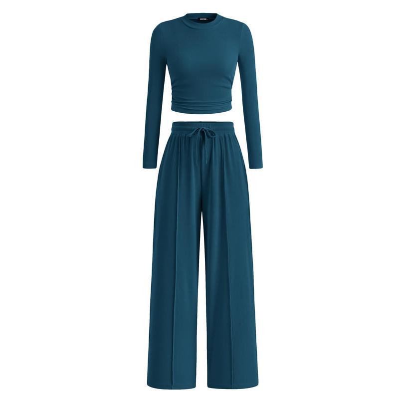 Matching Lounge Set – Long-Sleeve Crop & Wide-Leg Pants