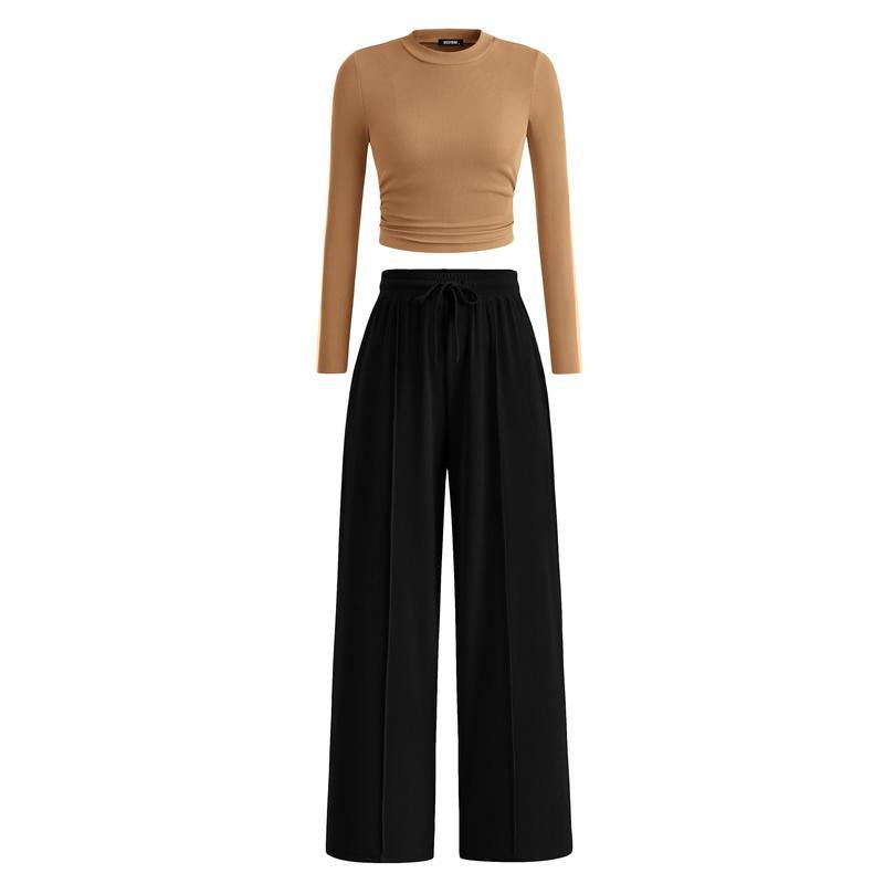 Matching Lounge Set – Long-Sleeve Crop & Wide-Leg Pants