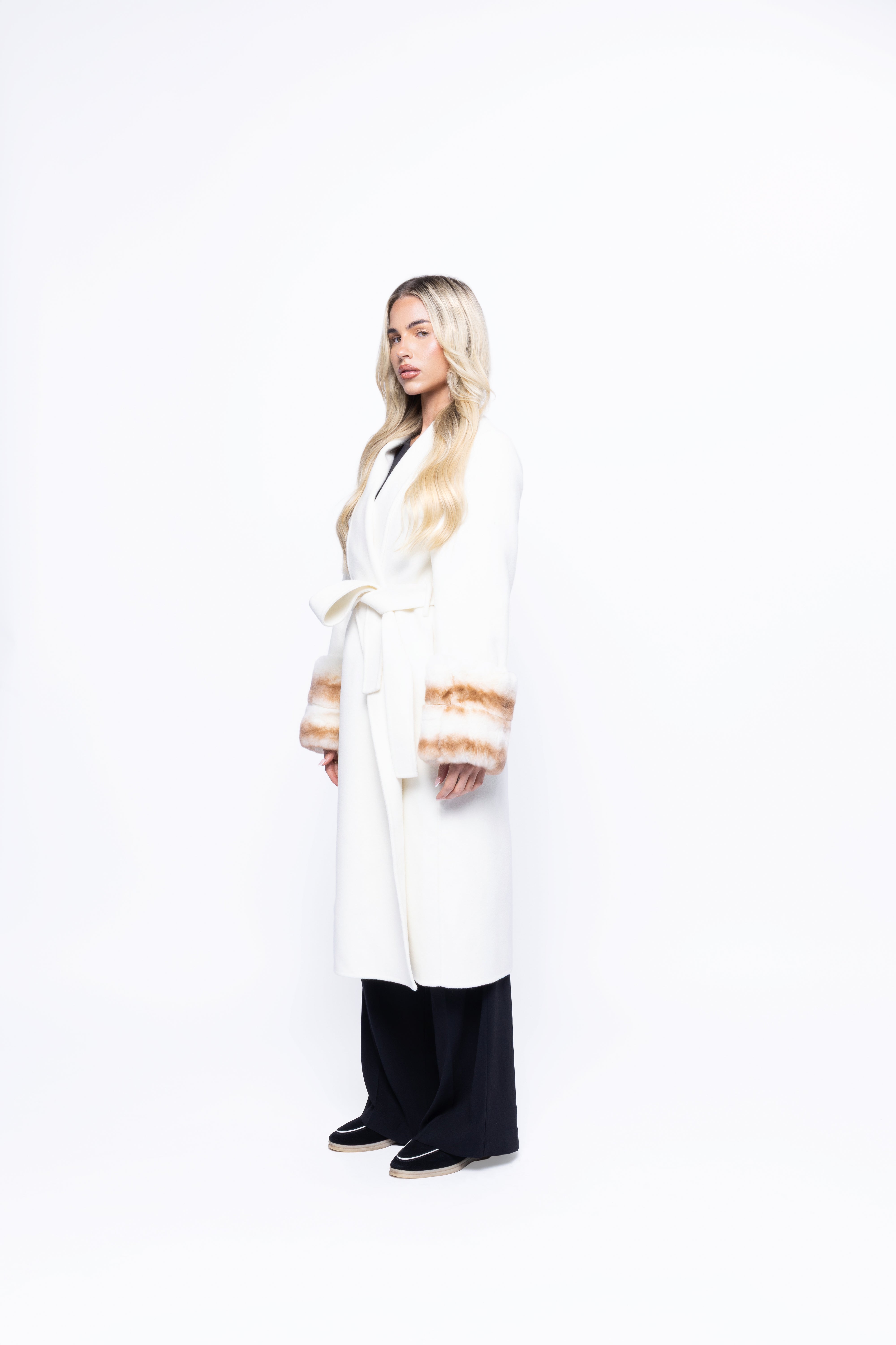 Aurelia Wool Coat with Fur Cuffs – Longline, Belted Warmth (White)