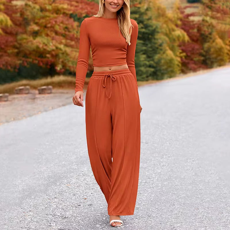 Matching Lounge Set – Long-Sleeve Crop & Wide-Leg Pants