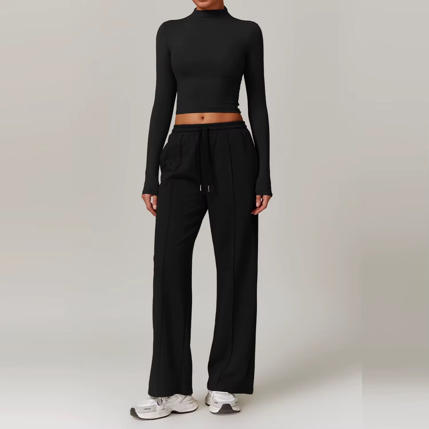 Matching Lounge Set – Long-Sleeve Crop & Wide-Leg Pants