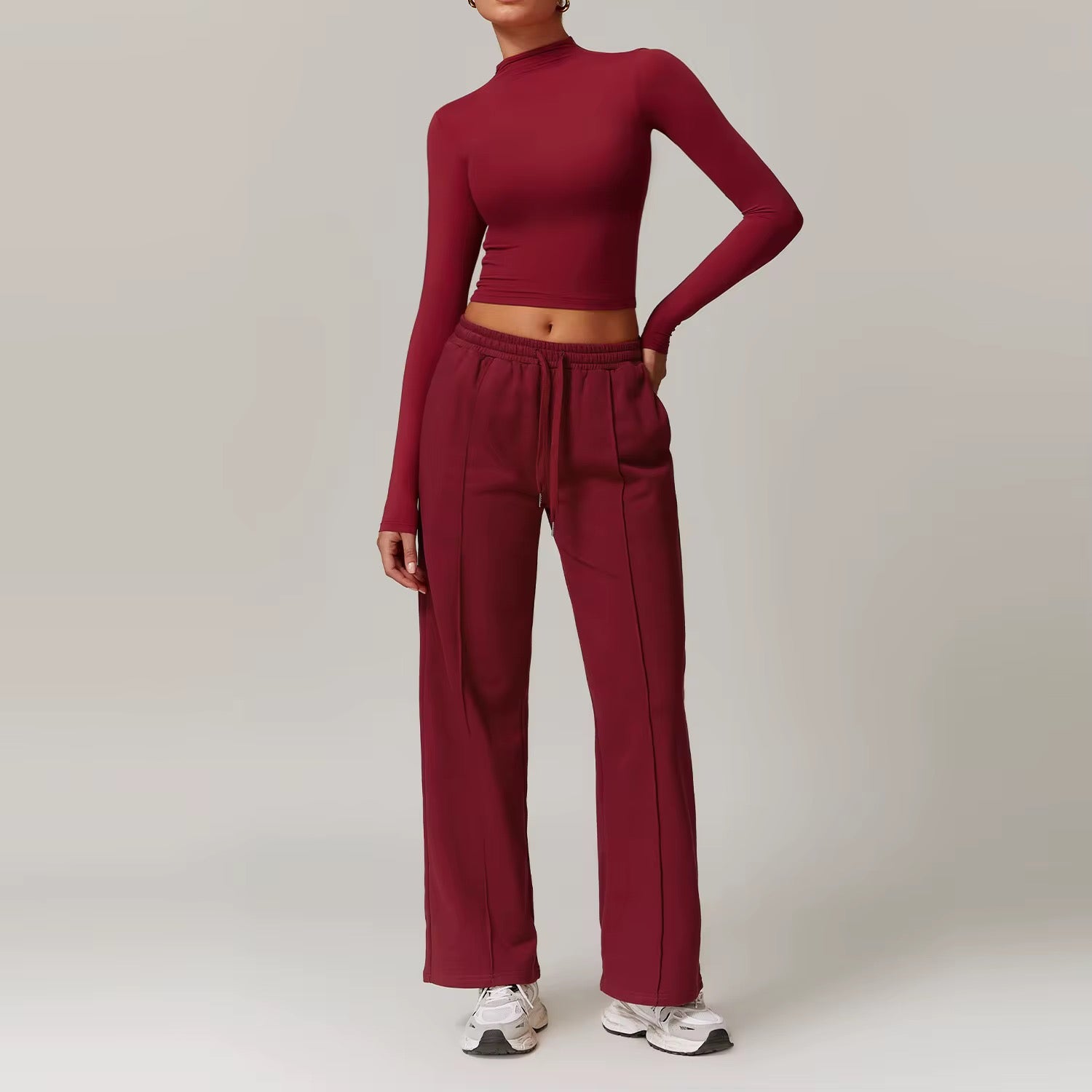 Matching Lounge Set – Long-Sleeve Crop & Wide-Leg Pants