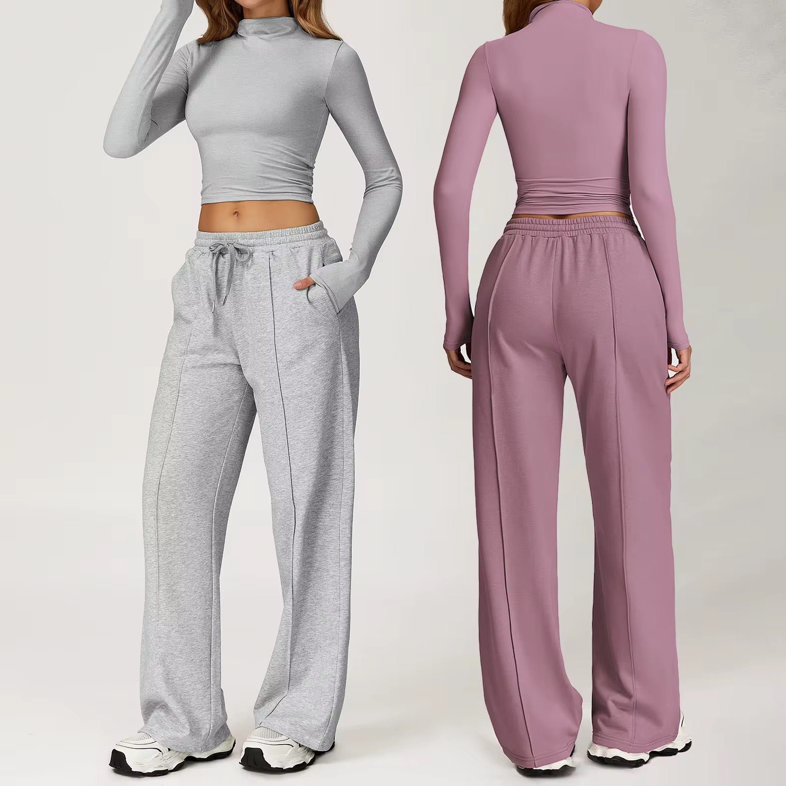Matching Lounge Set – Long-Sleeve Crop & Wide-Leg Pants